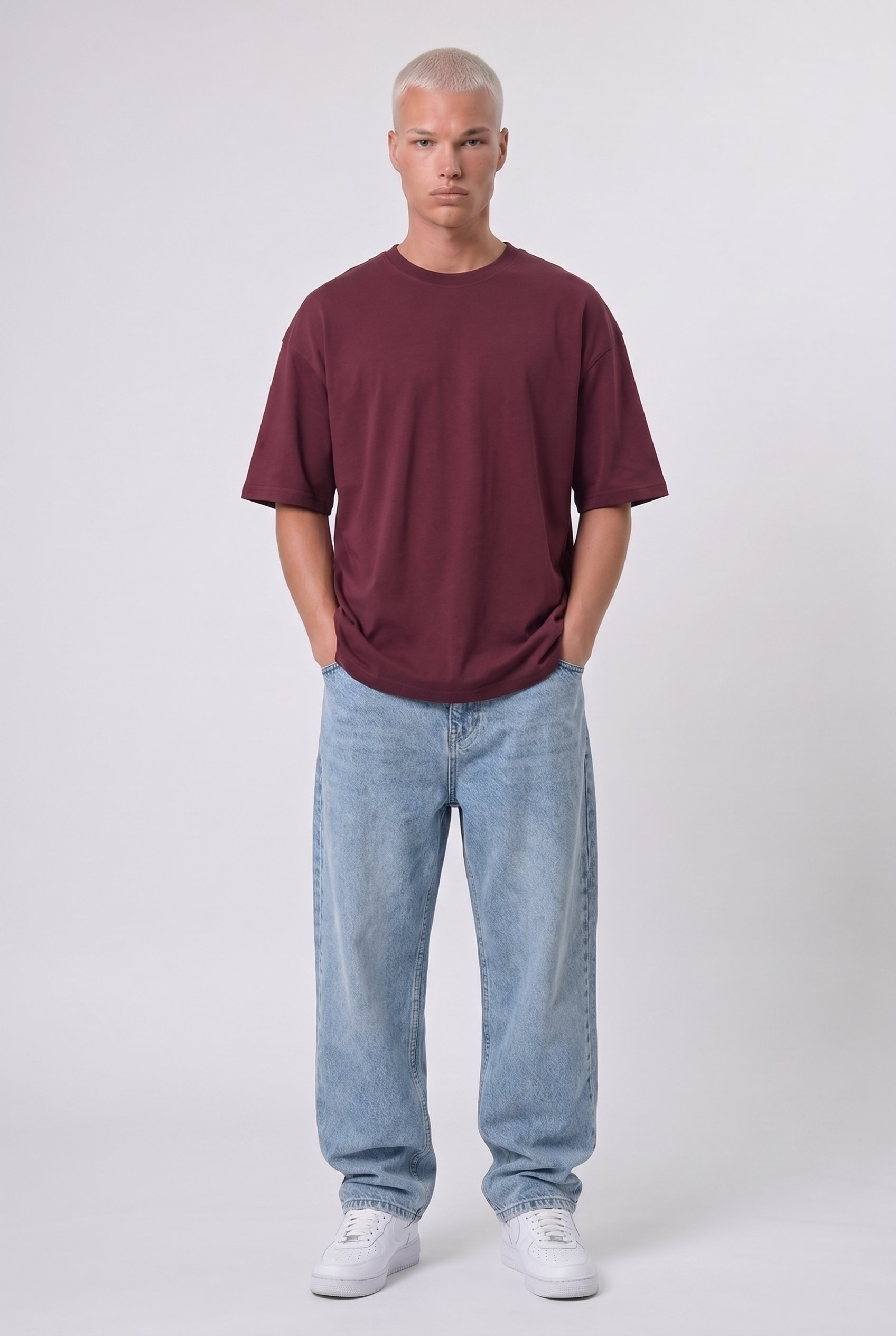 Erkek Basic Oversize T-Shirt Bordo
