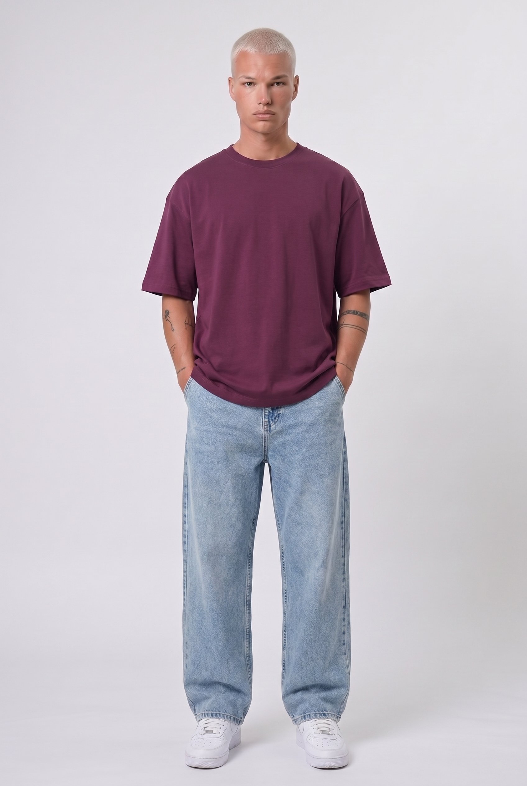 Erkek Basic Oversize T-Shirt Vişne