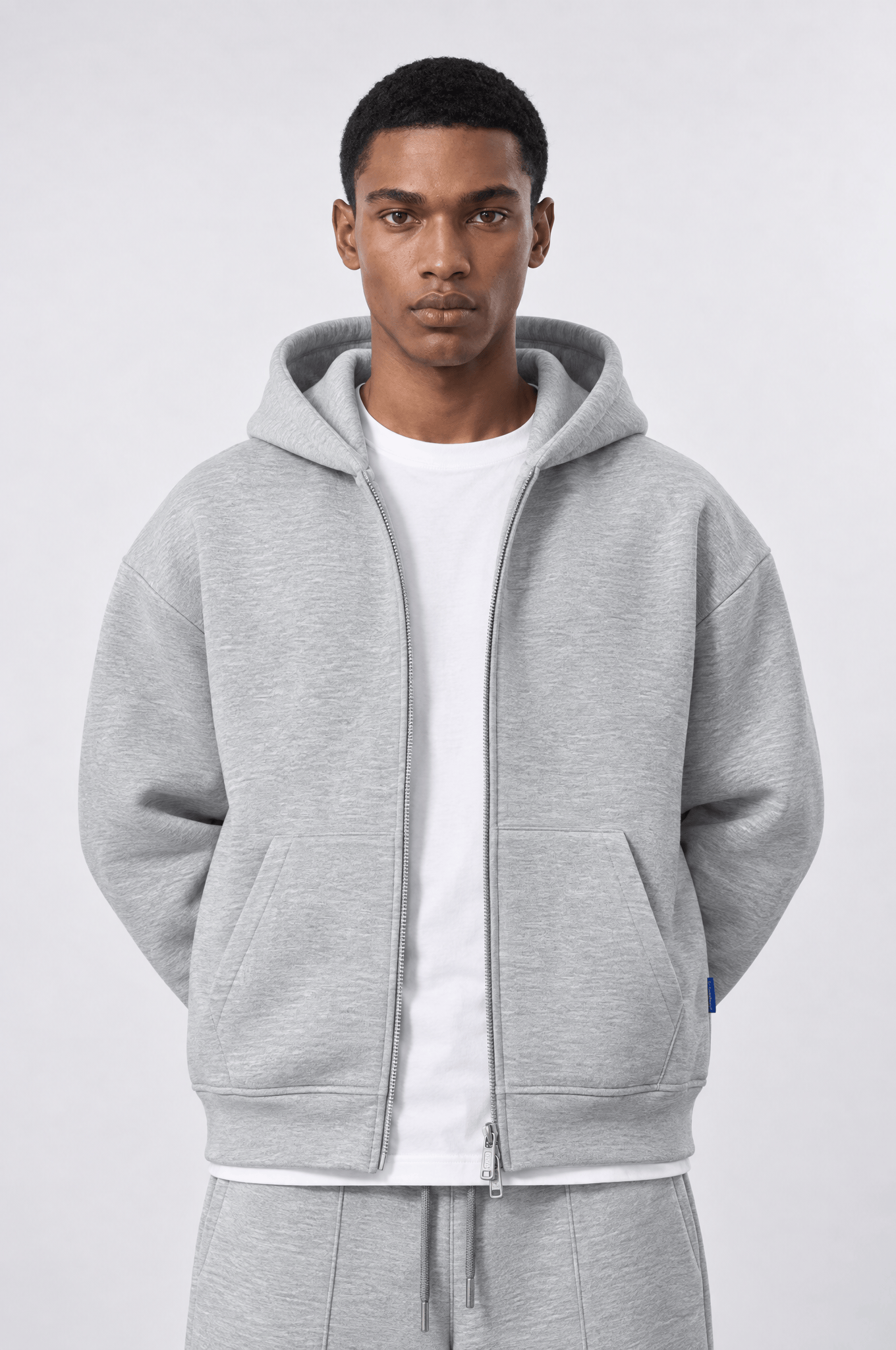 Erkek Basic Panda Oversize Zip Gri Melanj
