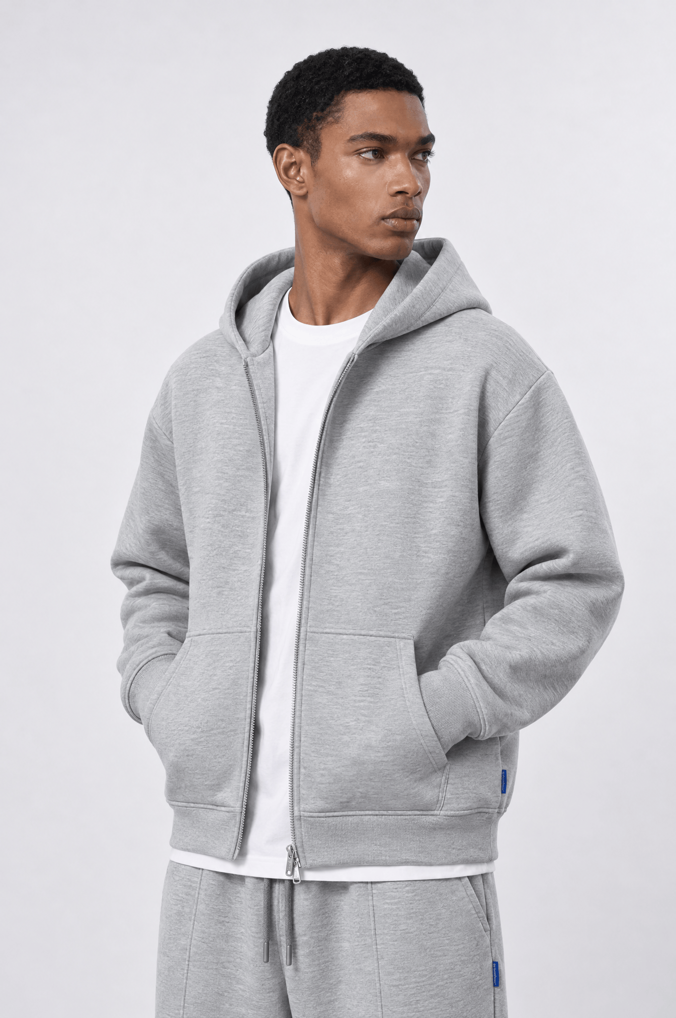 Erkek Basic Panda Oversize Zip Gri Melanj
