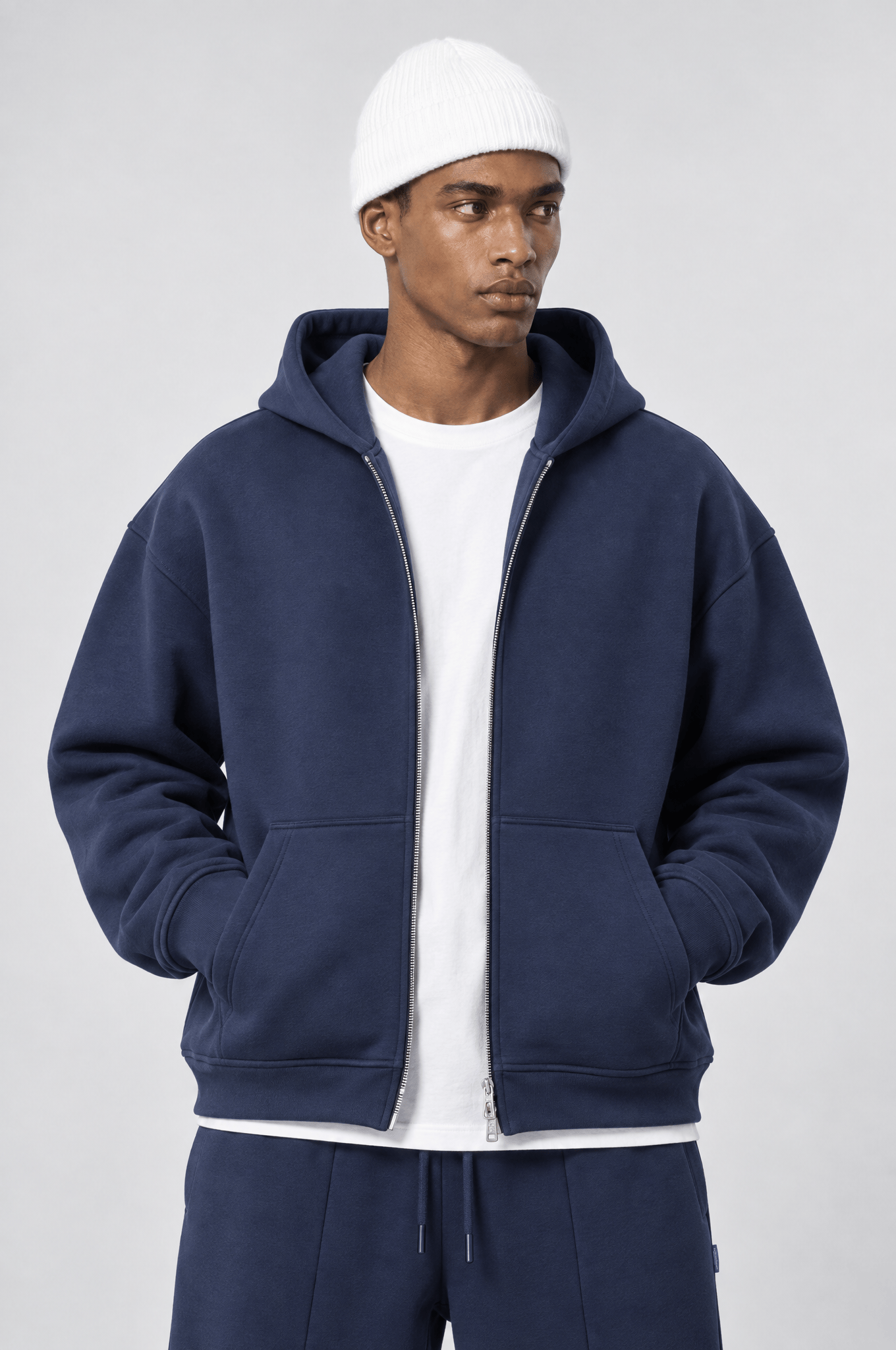 Erkek Basic Panda Oversize Zip Lacivert