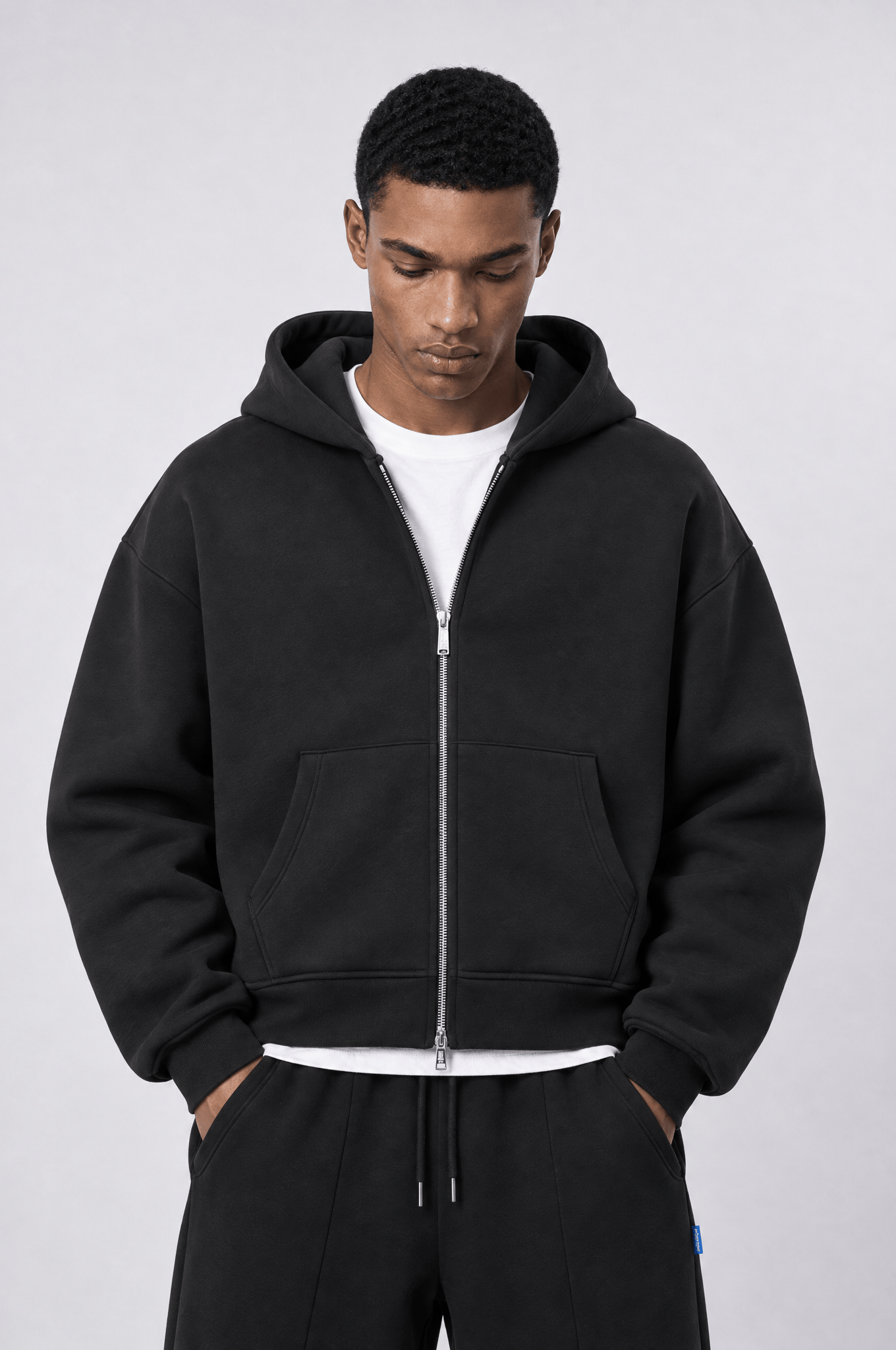 Erkek Basic Panda Oversize Zip Siyah