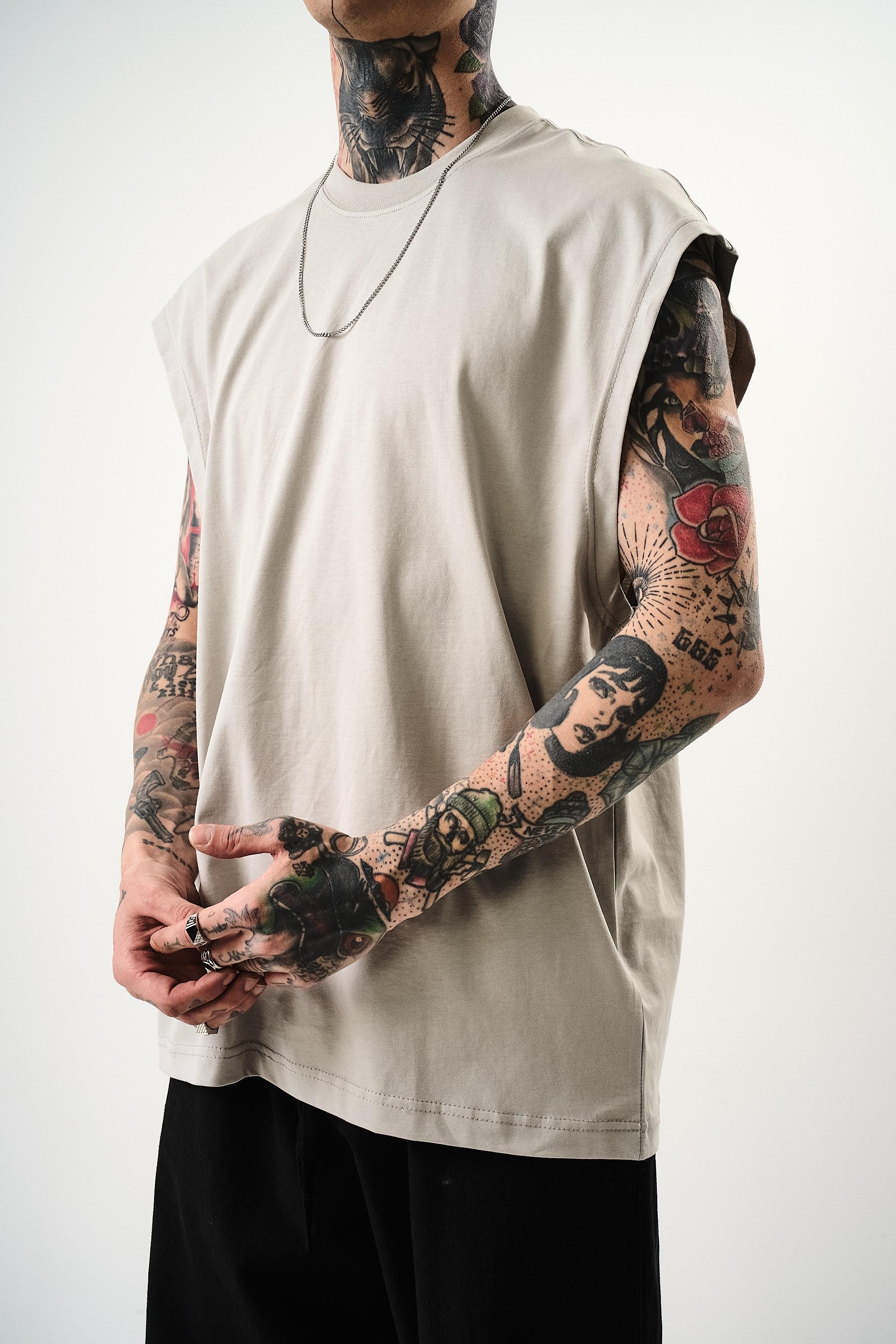 Erkek Basic Sıfır Kol Oversize T-Shirt Kemik