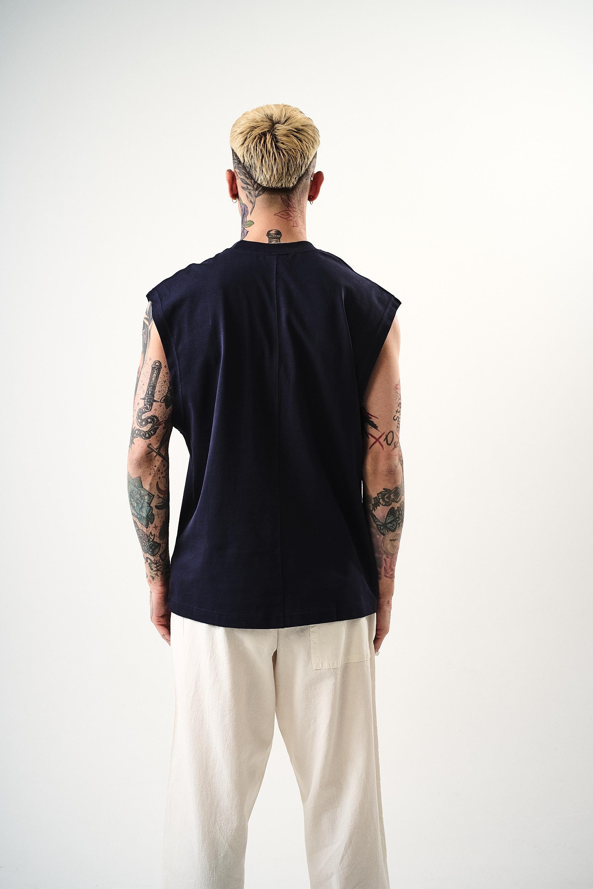 Erkek Basic Sıfır Kol Oversize T-Shirt İndigo