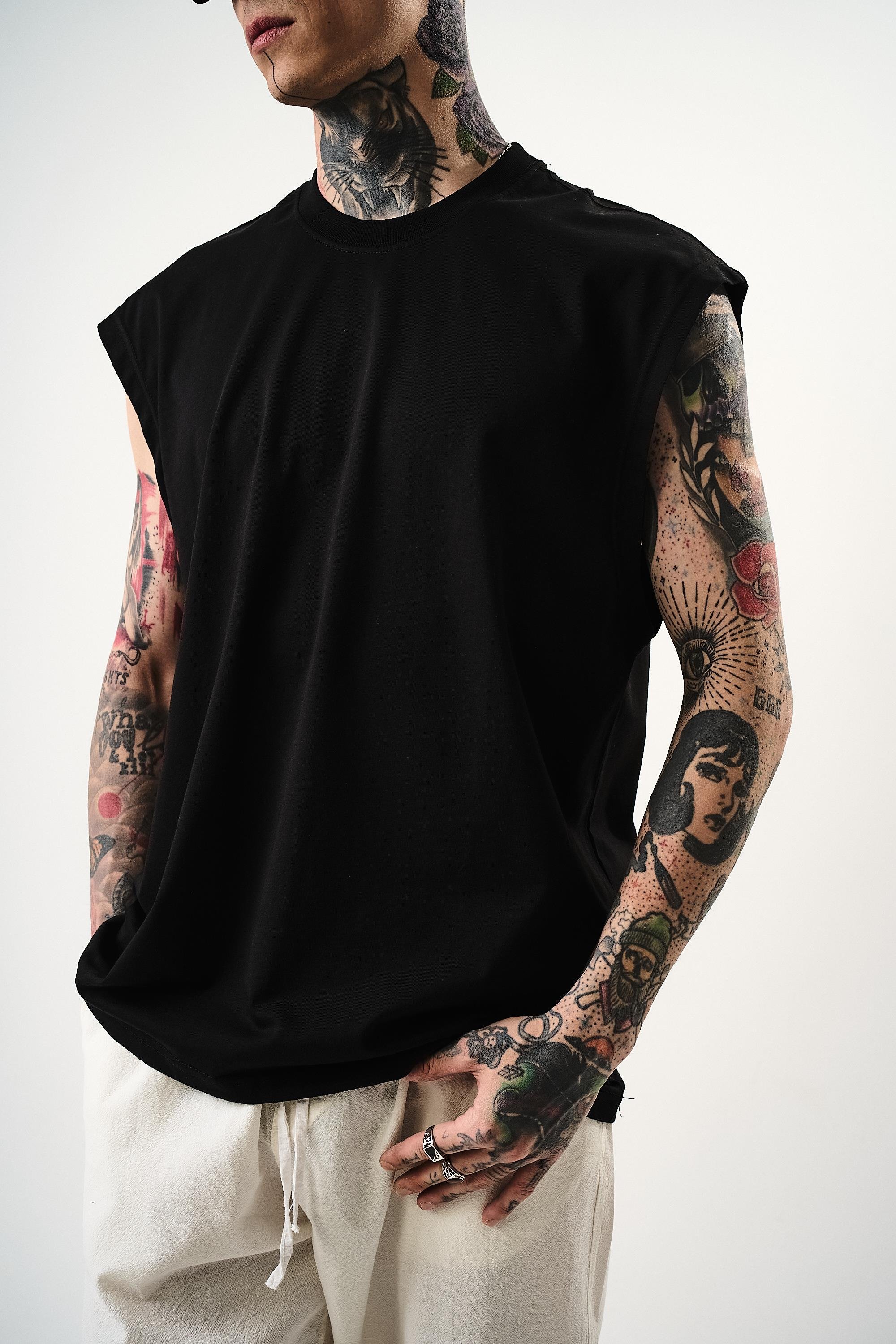 Erkek Basic Sıfır Kol Oversize T-Shirt Siyah