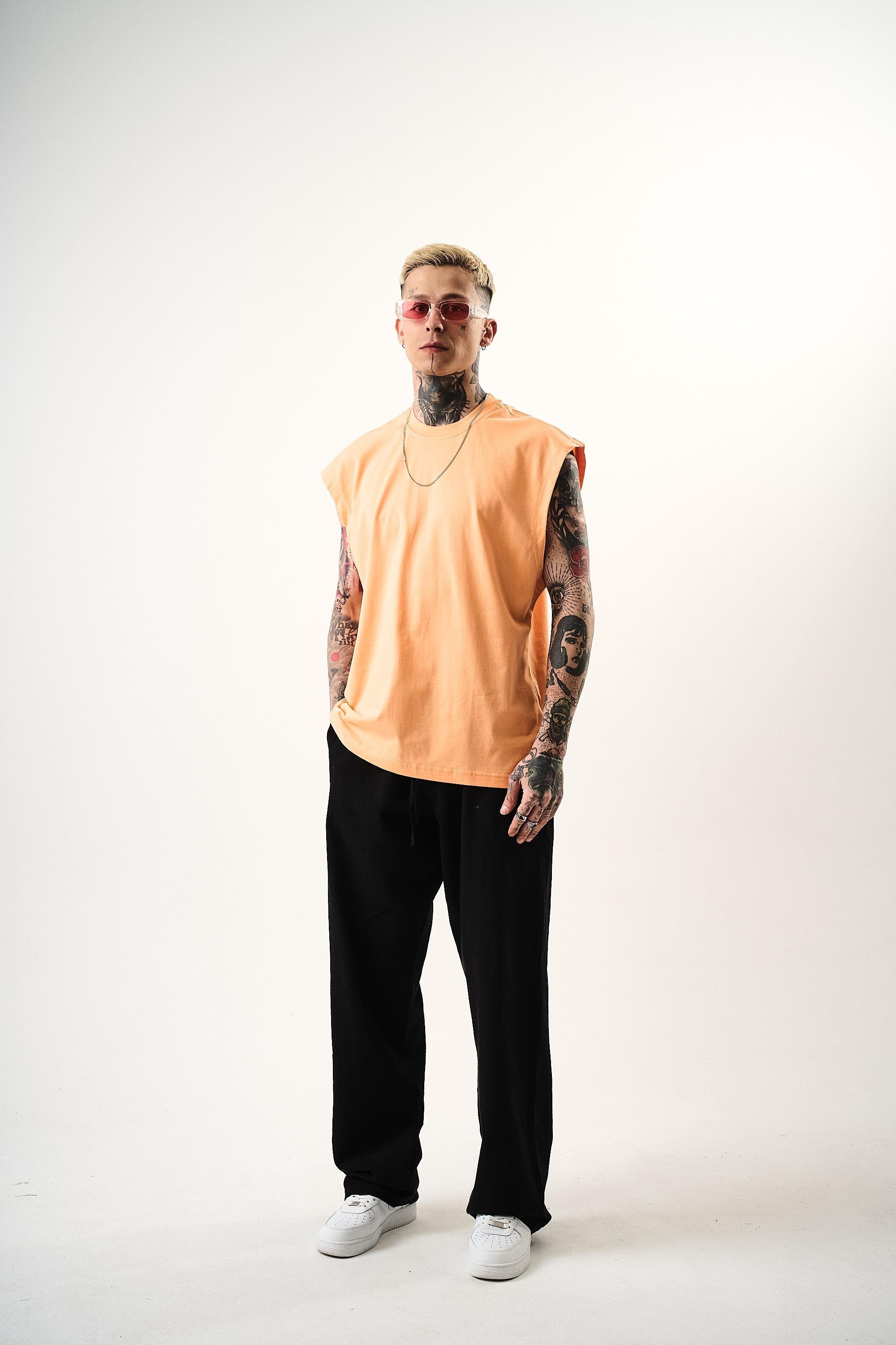 Erkek Basic Sıfır Kol Oversize T-Shirt Şeftali