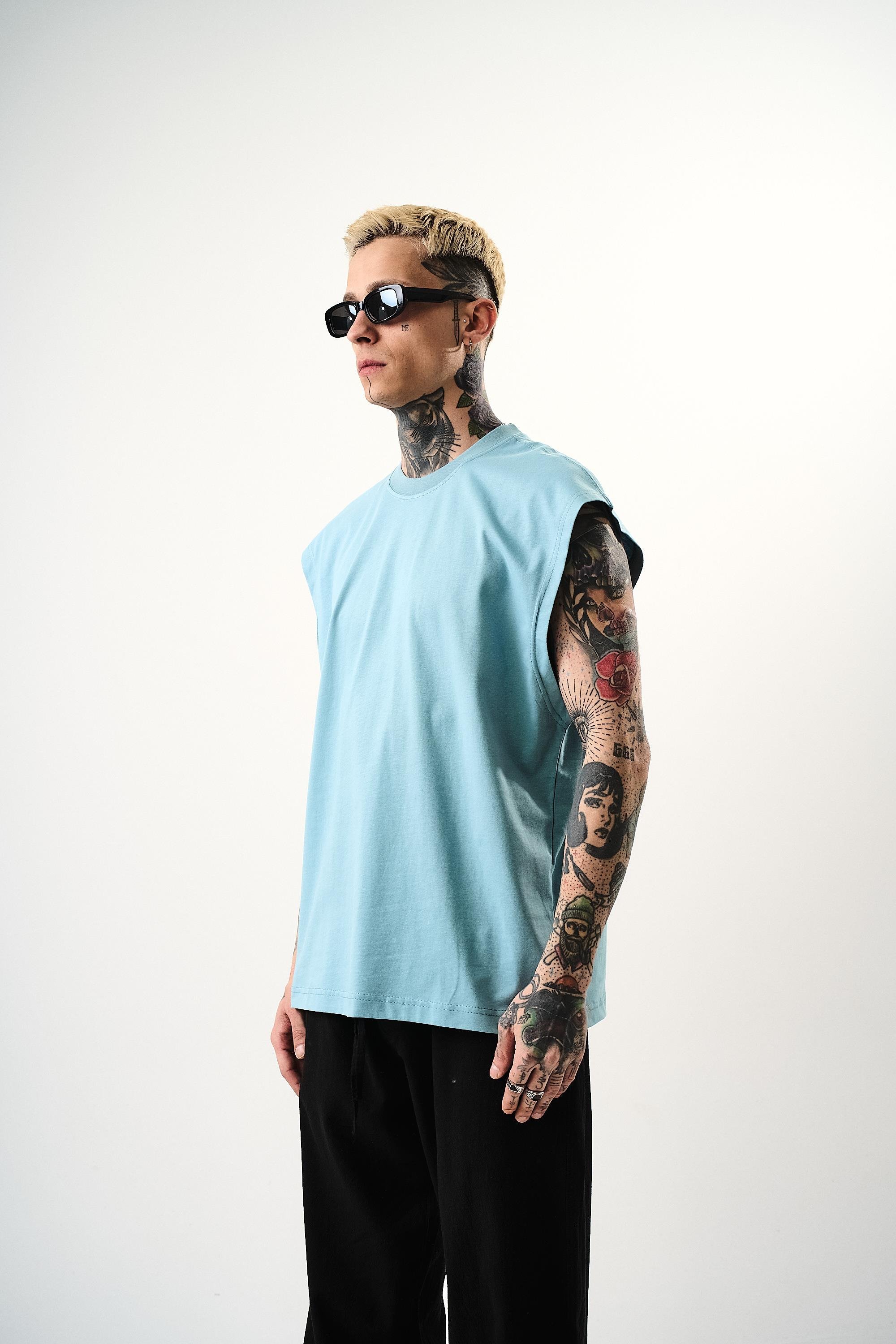 Erkek Basic Sıfır Kol Oversize T-Shirt BebeMavi