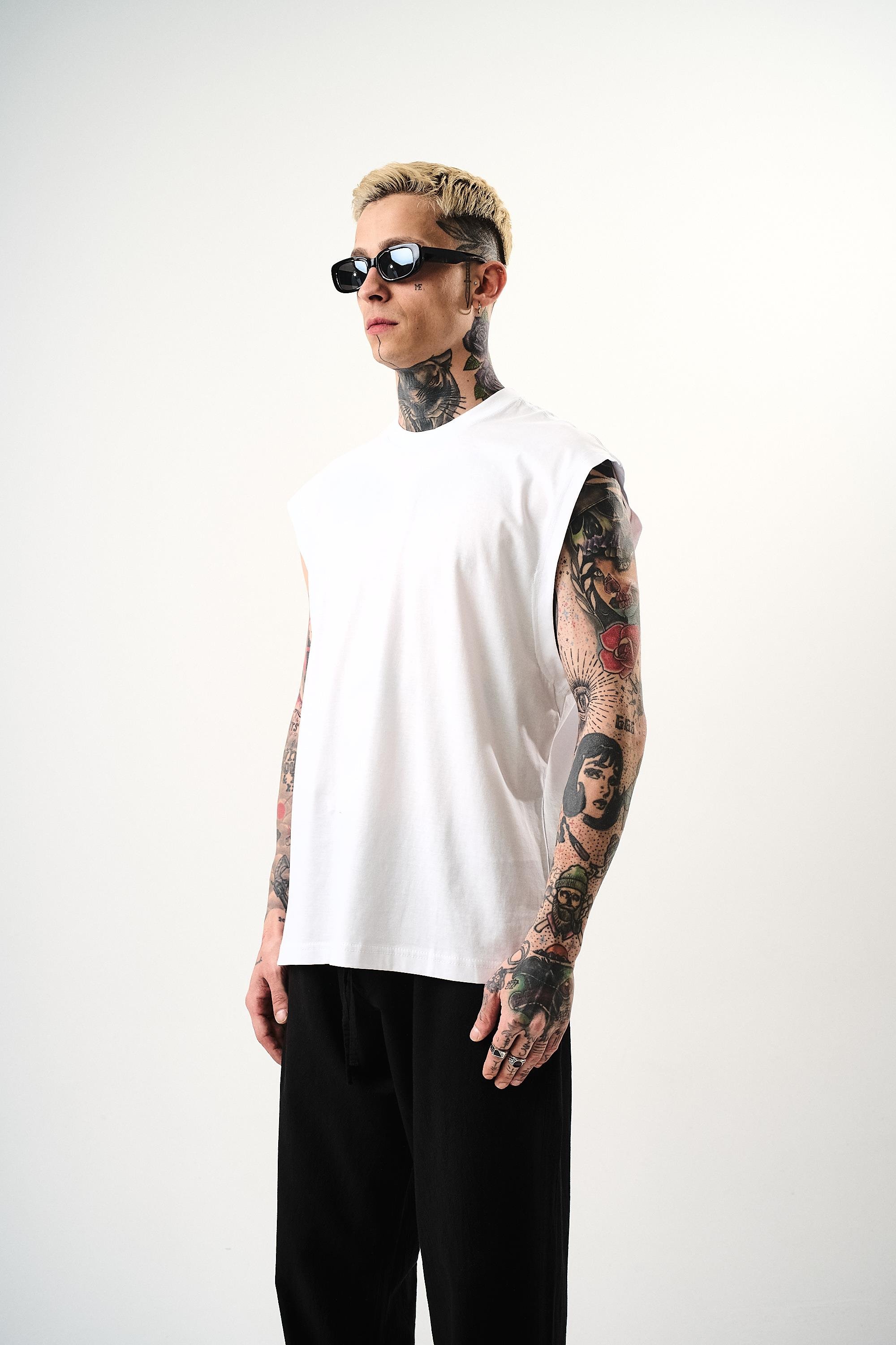 Erkek Basic Sıfır Kol Oversize T-Shirt Beyaz