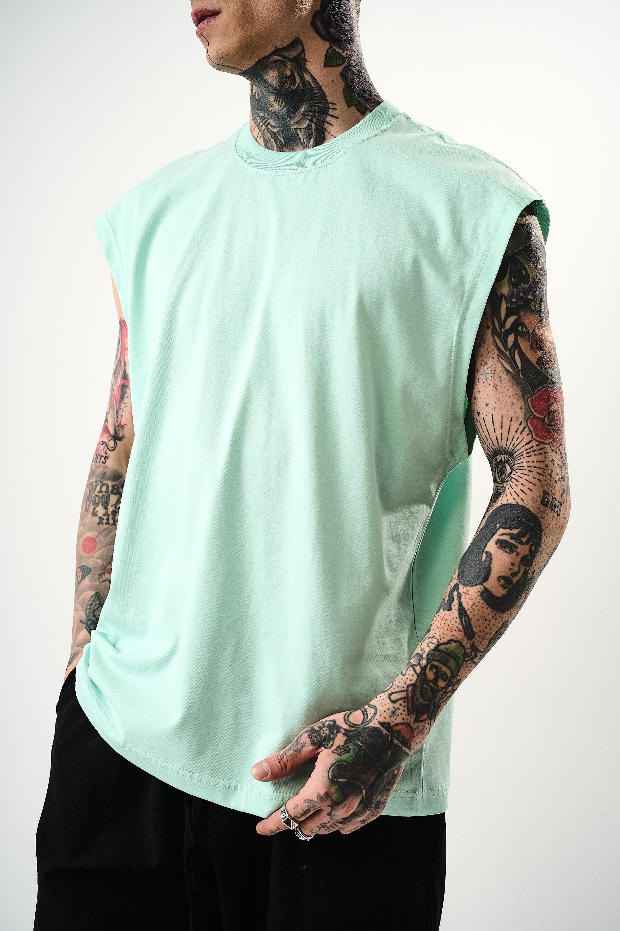 Erkek Basic Sıfır Kol Oversize T-Shirt Su Yeşili