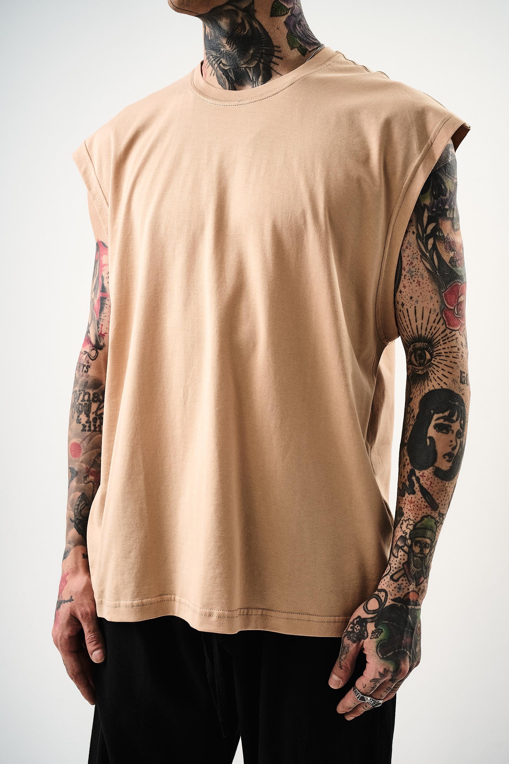 Erkek Basic Sıfır Kol Oversize T-Shirt Bej