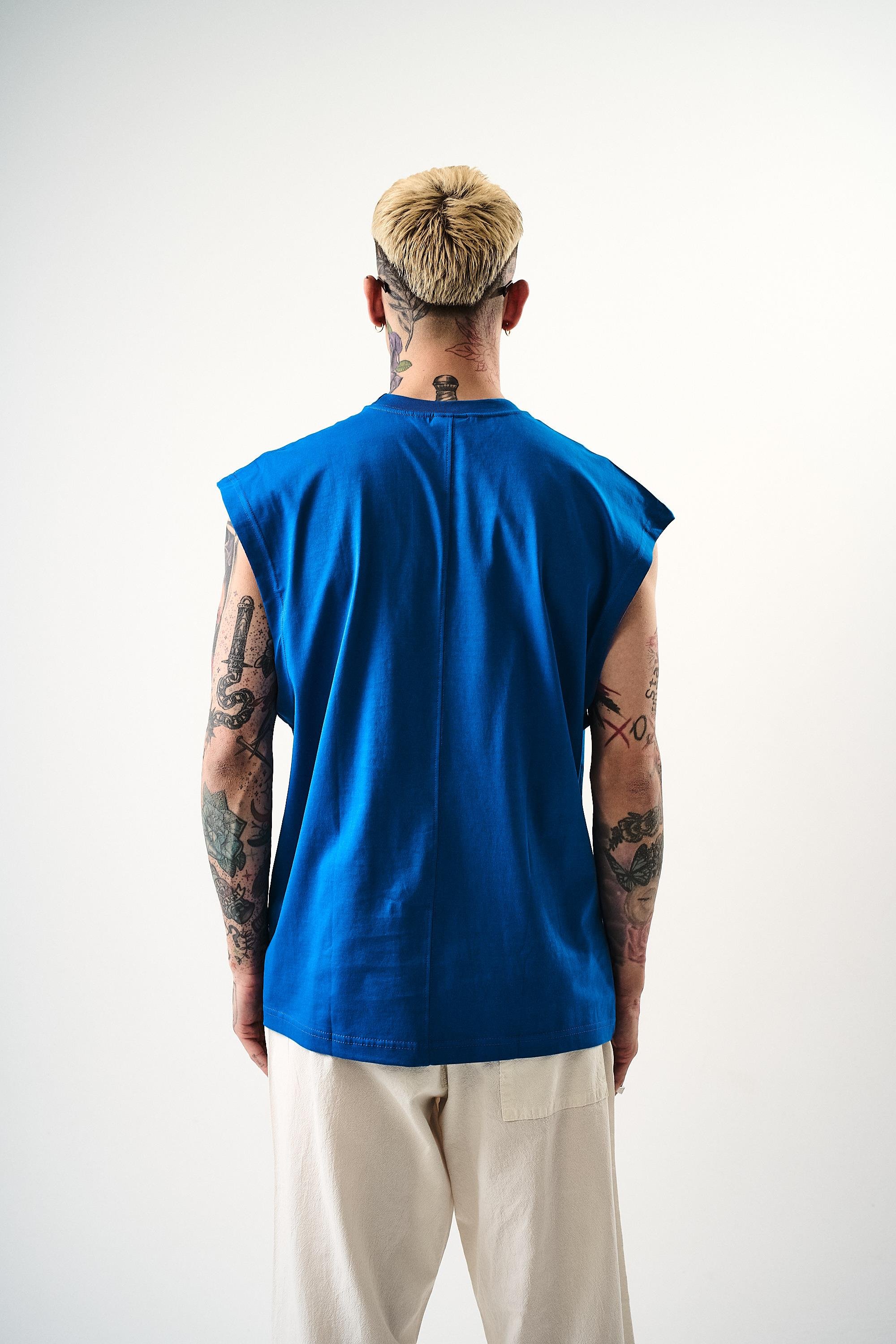 Erkek Basic Sıfır Kol Oversize T-Shirt Mavi