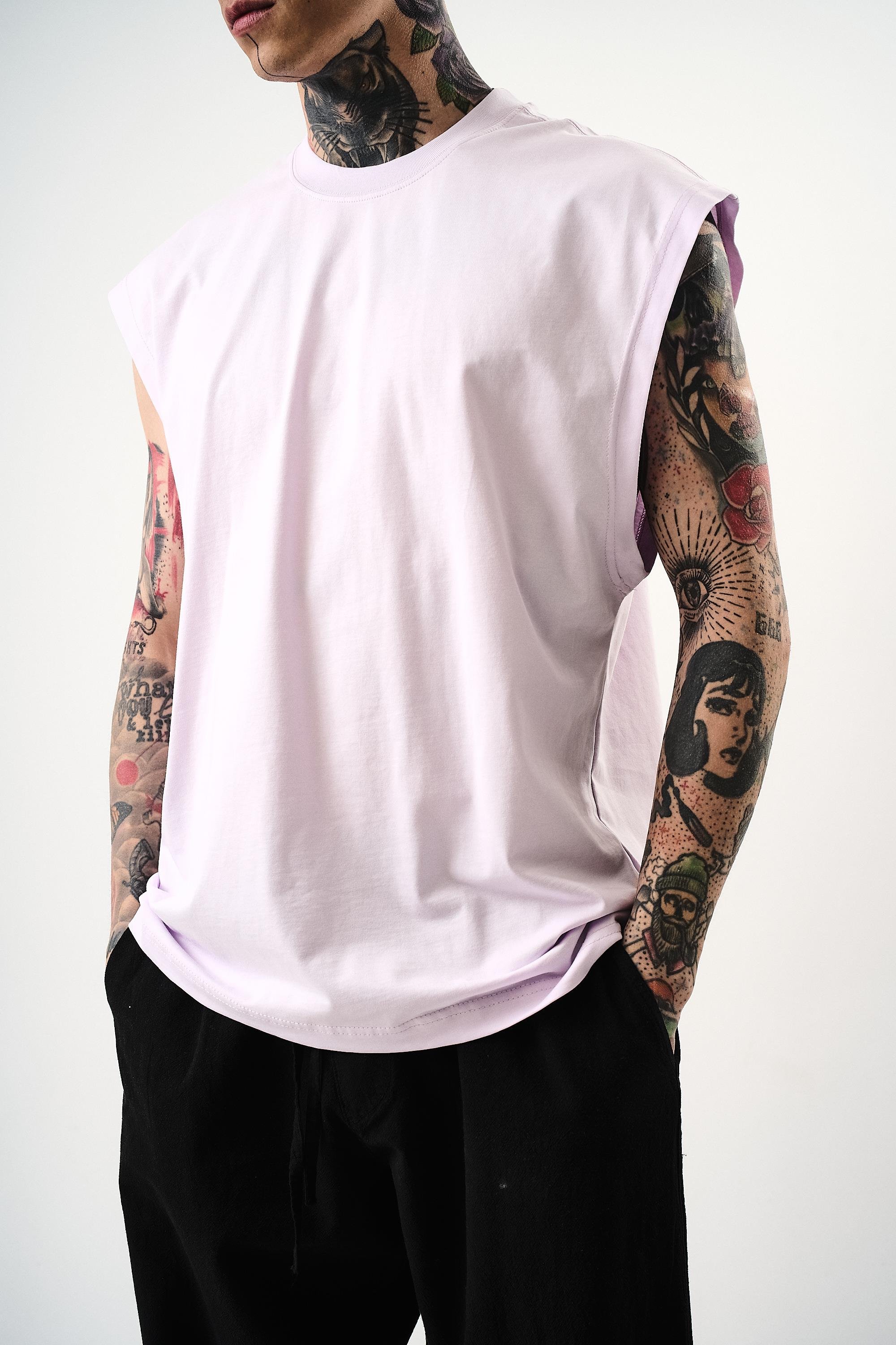 Erkek Basic Sıfır Kol Oversize T-Shirt Lila