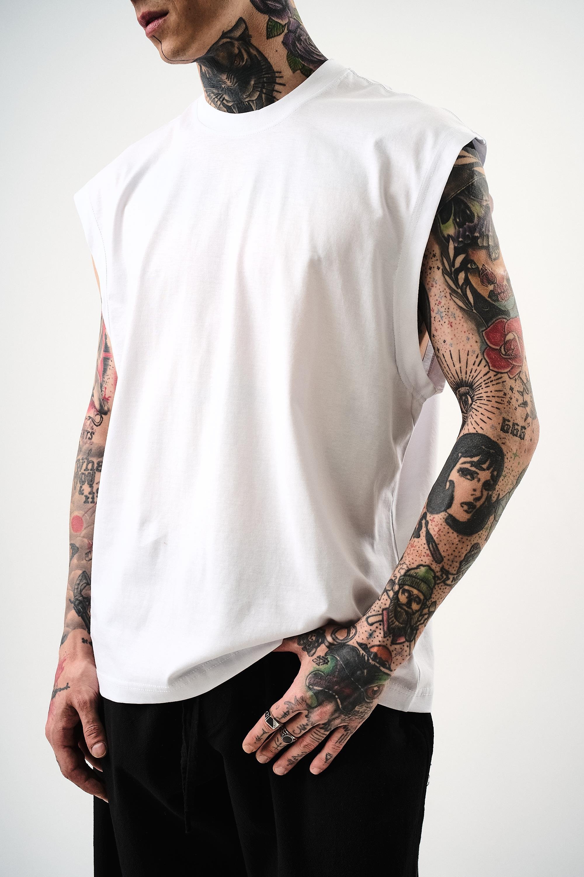 Erkek Basic Sıfır Kol Oversize T-Shirt Beyaz