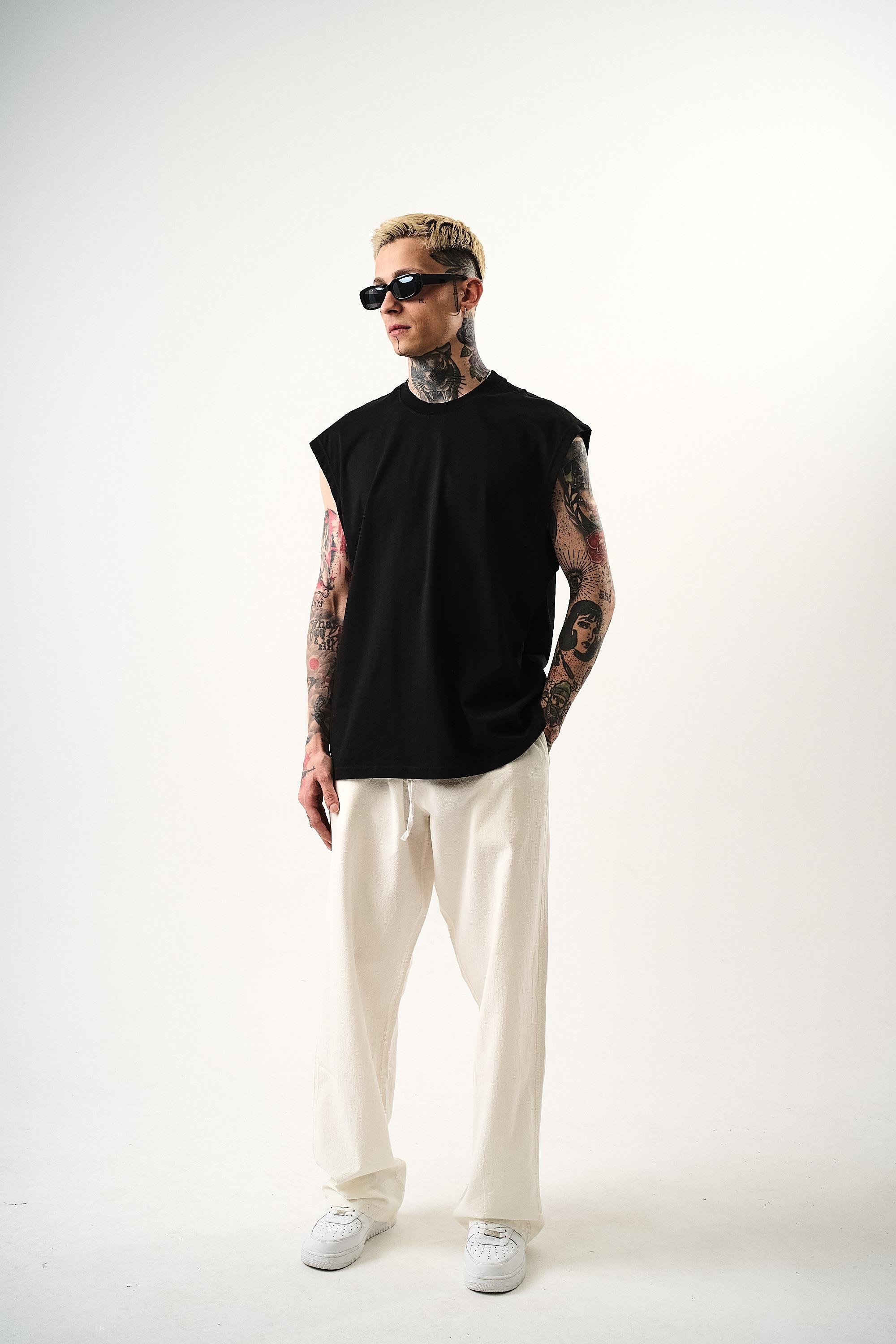 Erkek Basic Sıfır Kol Oversize T-Shirt Siyah