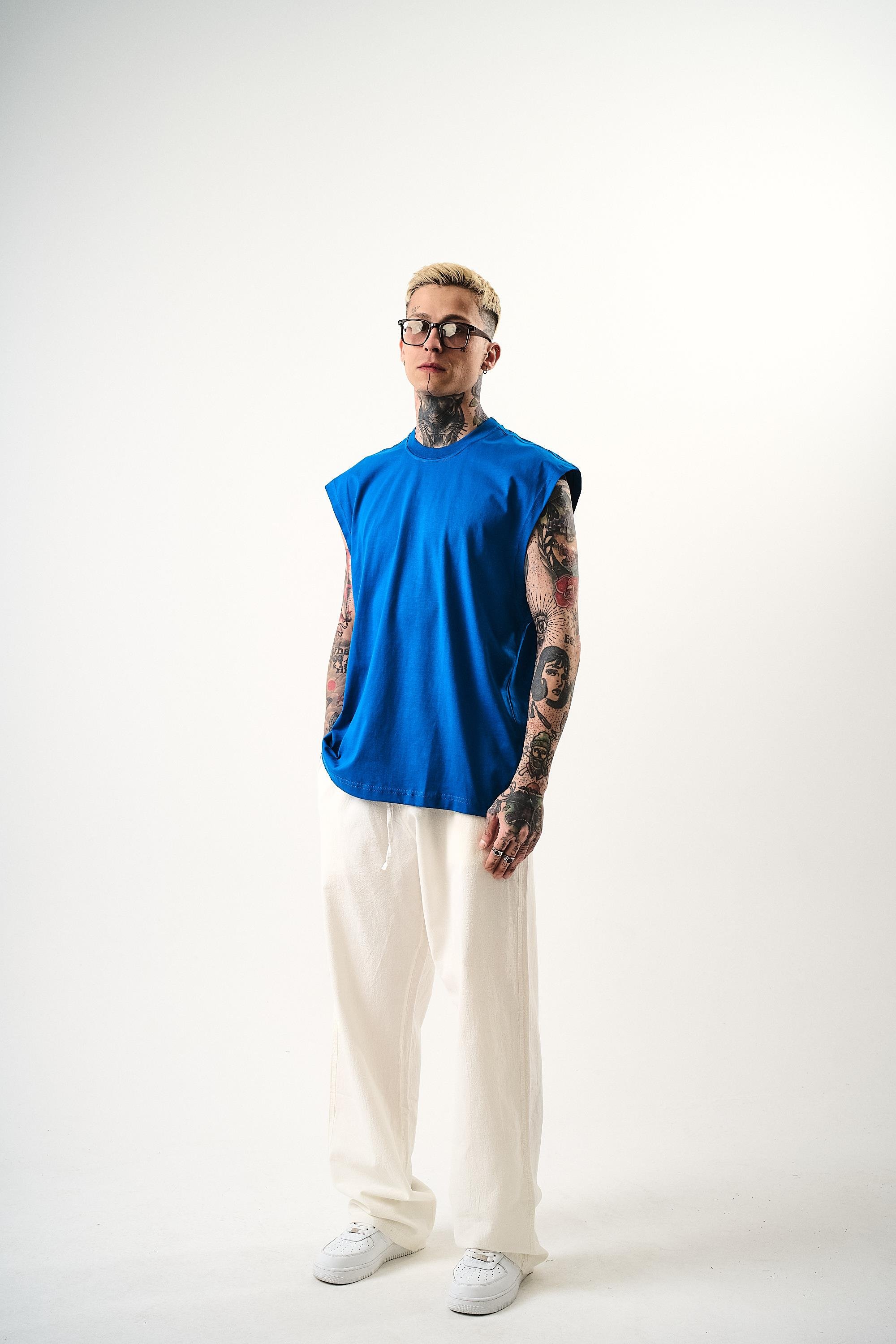 Erkek Basic Sıfır Kol Oversize T-Shirt Mavi