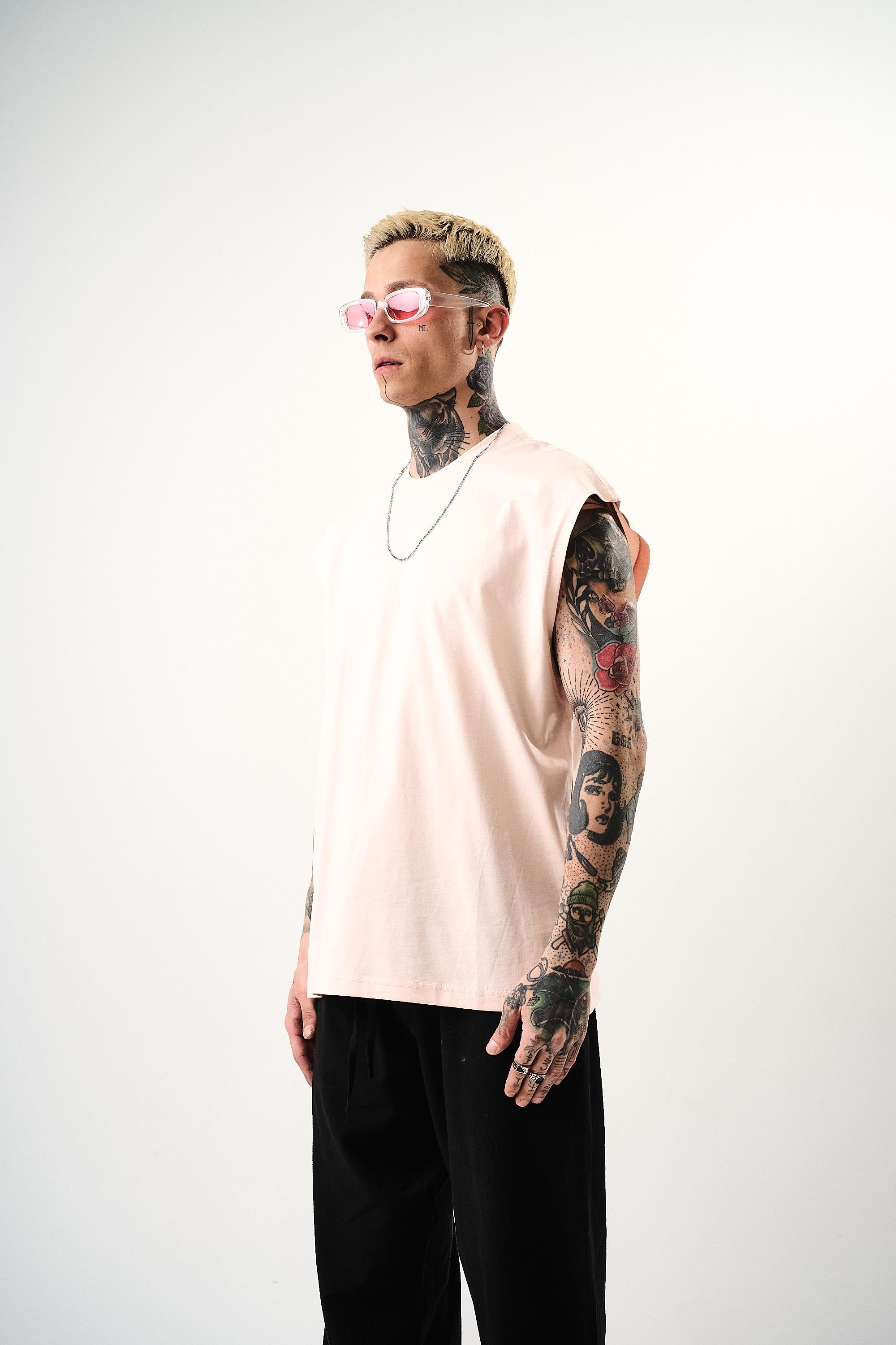 Erkek Basic Sıfır Kol Oversize T-Shirt Pembe