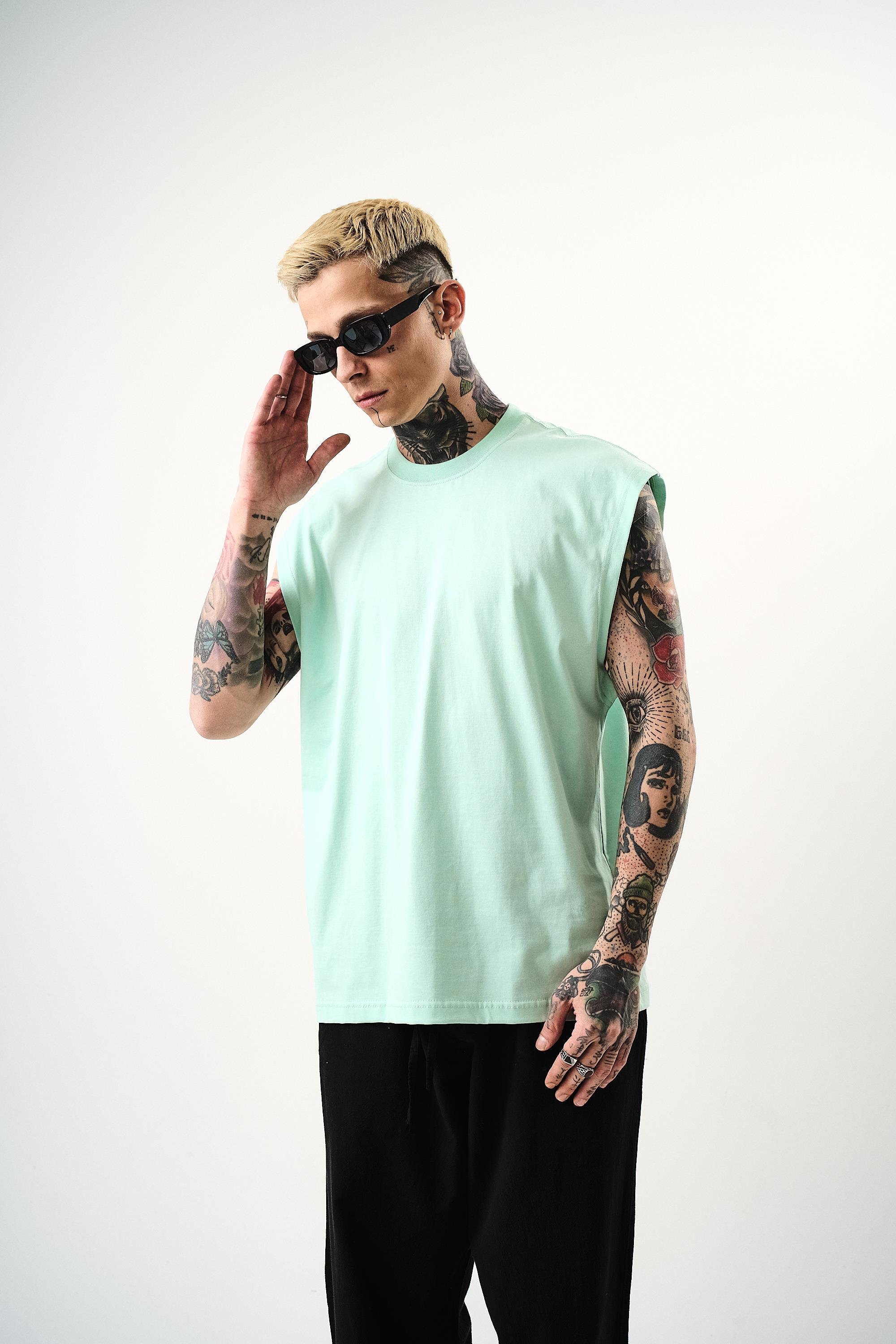 Erkek Basic Sıfır Kol Oversize T-Shirt Su Yeşili