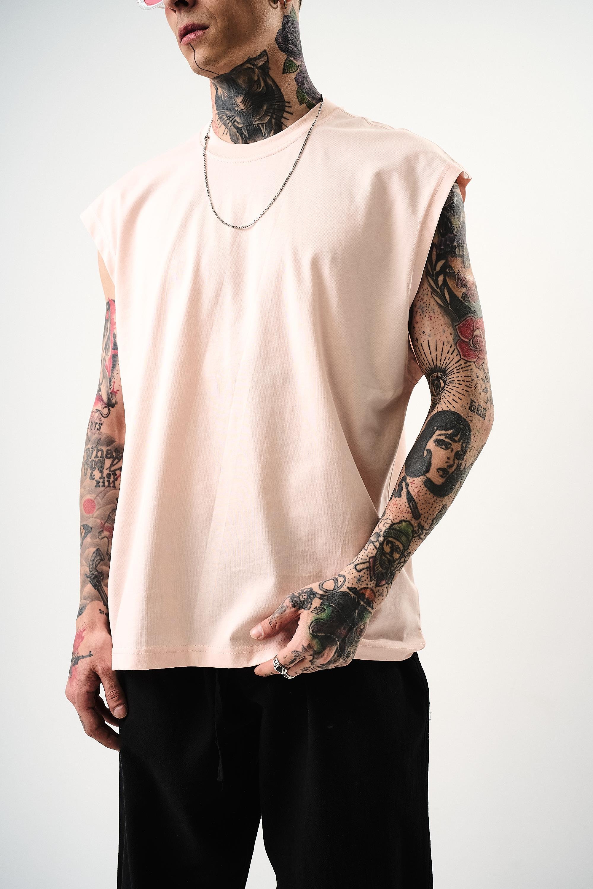 Erkek Basic Sıfır Kol Oversize T-Shirt Pembe