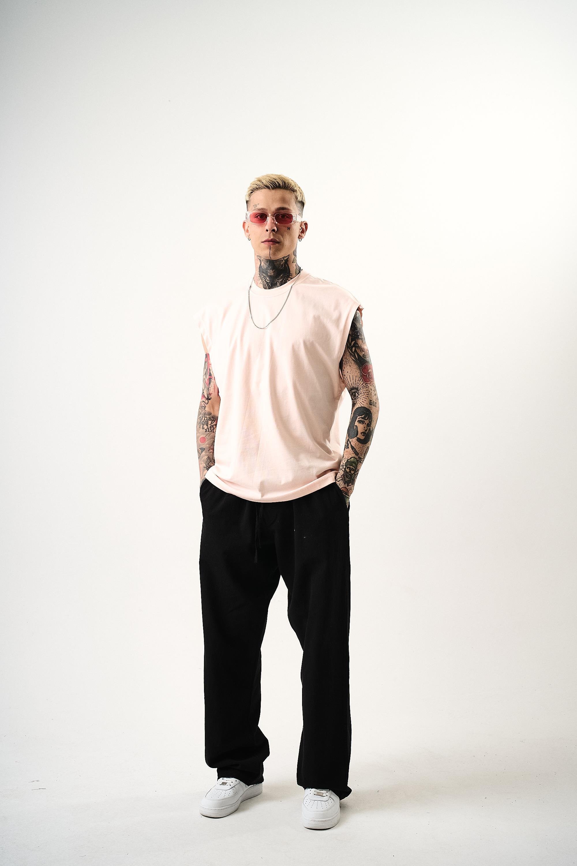 Erkek Basic Sıfır Kol Oversize T-Shirt Pembe