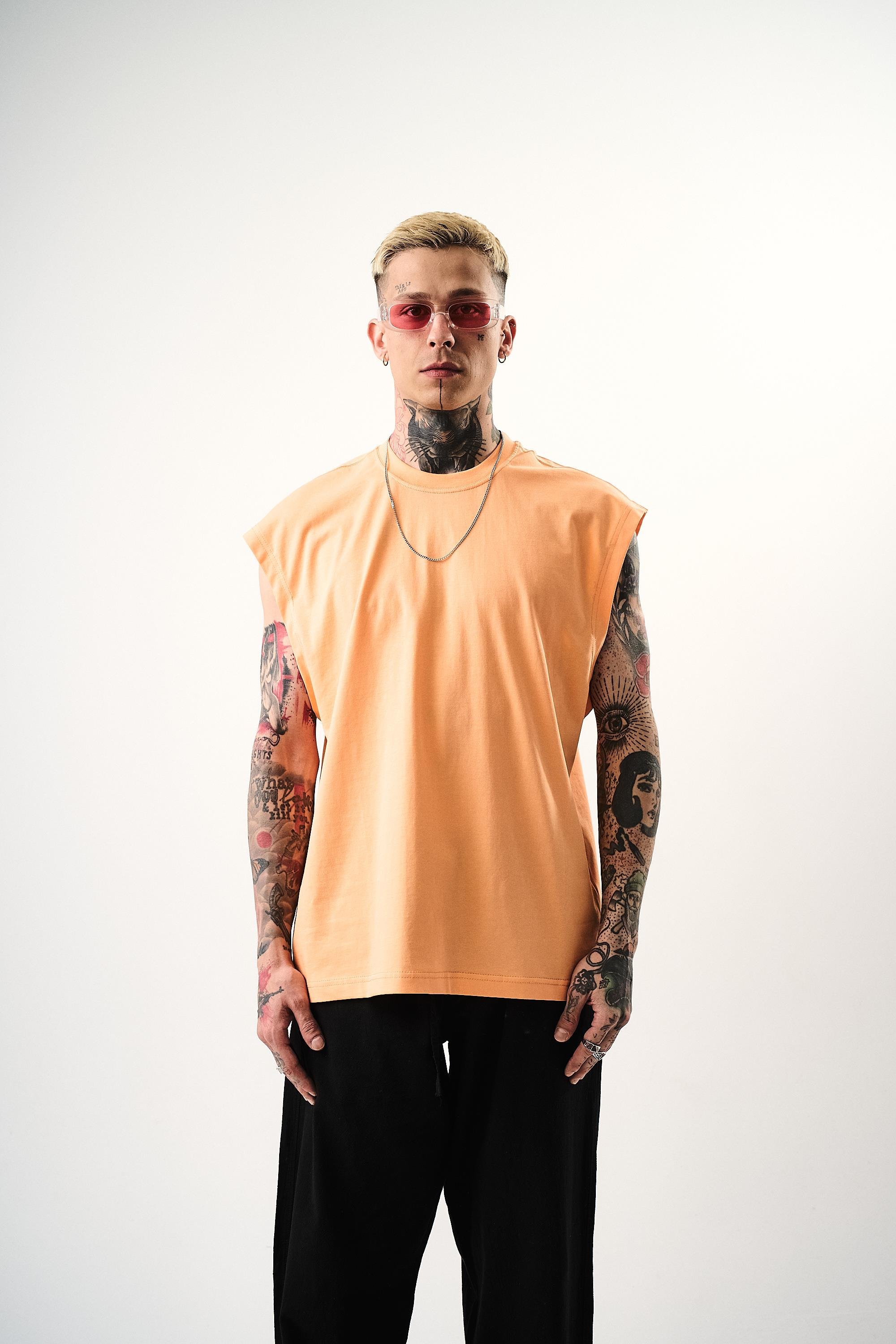 Erkek Basic Sıfır Kol Oversize T-Shirt Şeftali