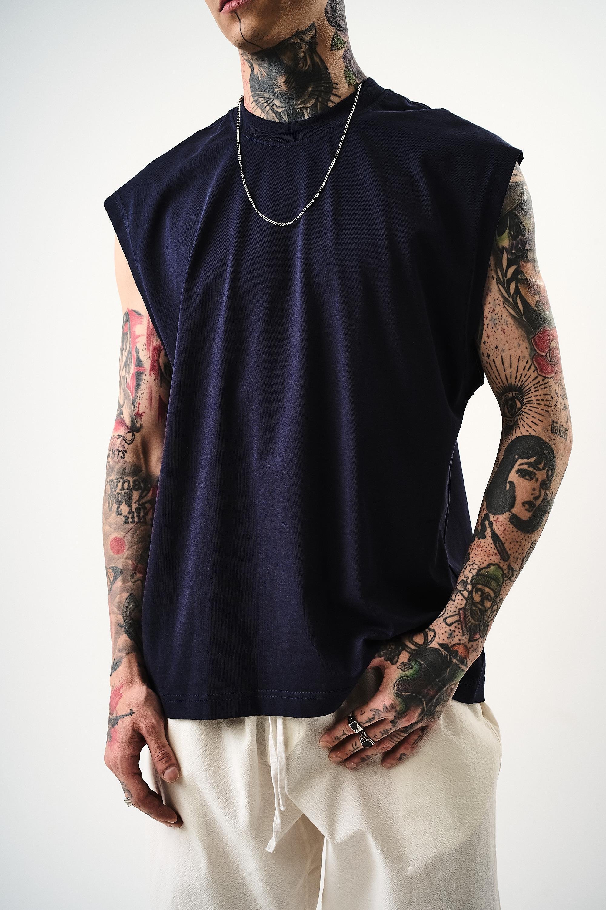 Erkek Basic Sıfır Kol Oversize T-Shirt İndigo