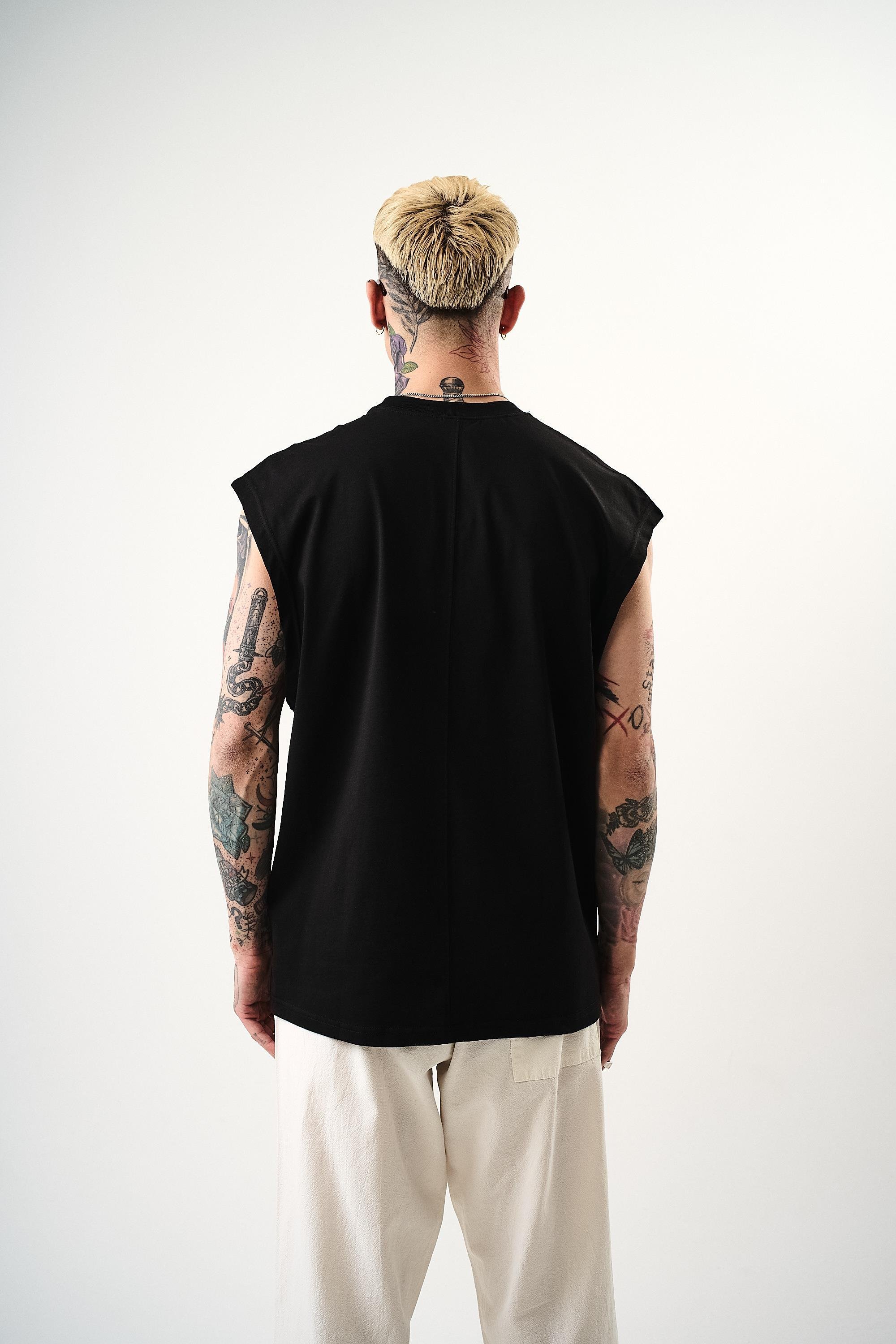 Erkek Basic Sıfır Kol Oversize T-Shirt Siyah