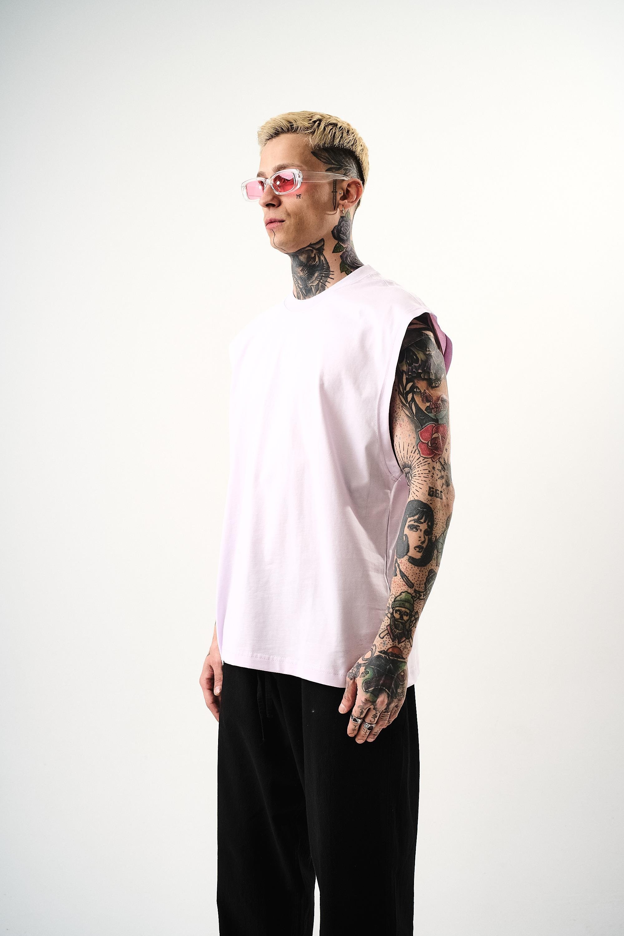 Erkek Basic Sıfır Kol Oversize T-Shirt Lila