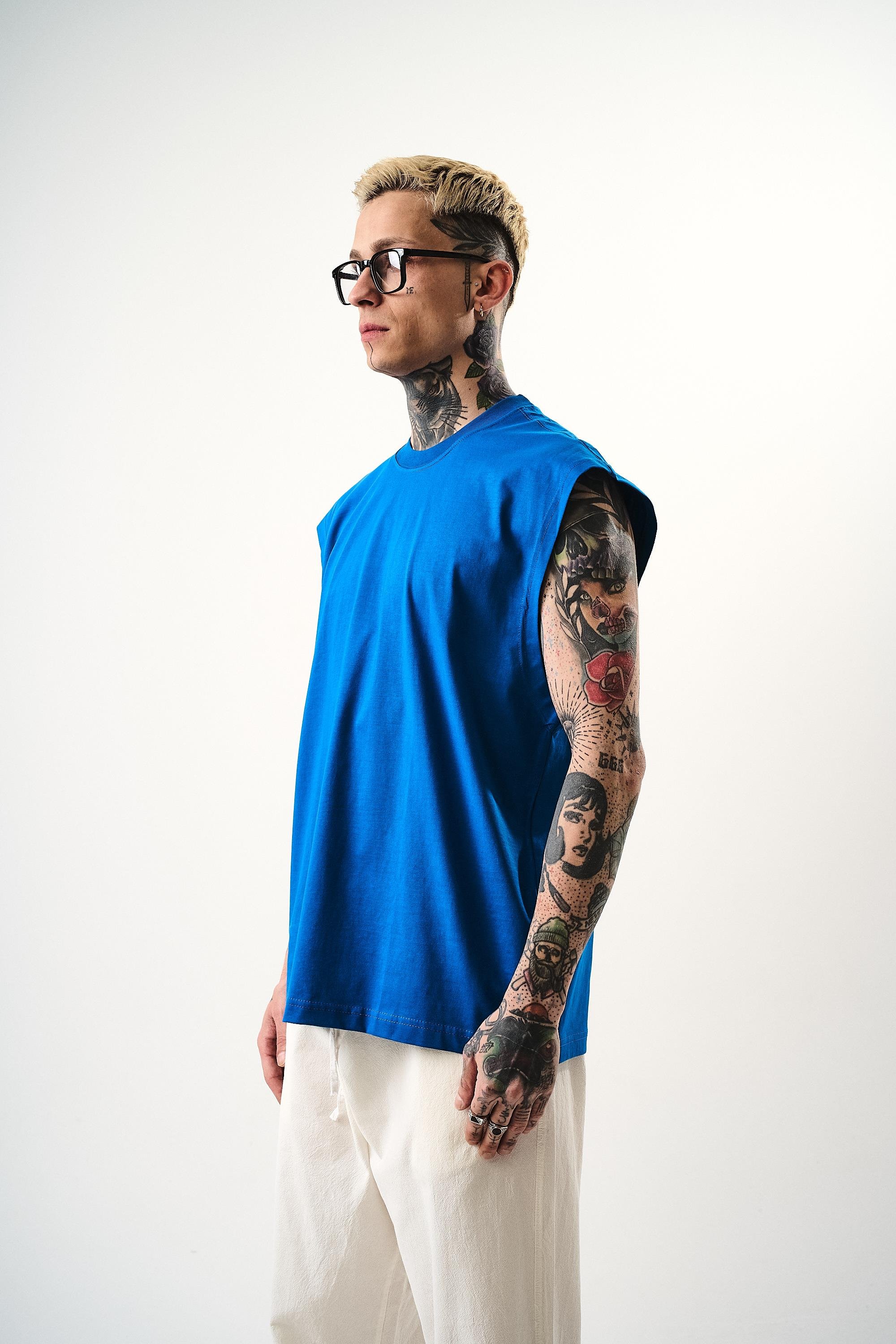 Erkek Basic Sıfır Kol Oversize T-Shirt Mavi