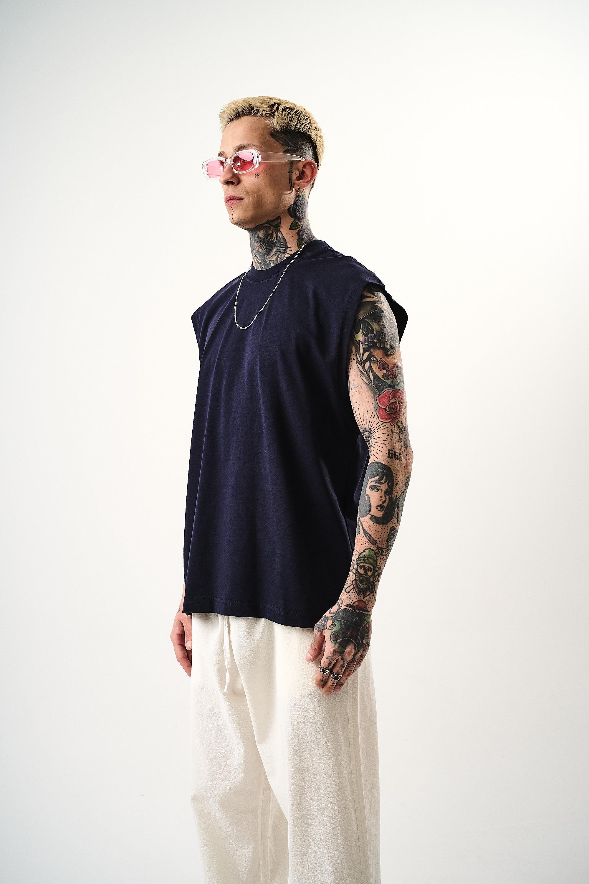 Erkek Basic Sıfır Kol Oversize T-Shirt İndigo