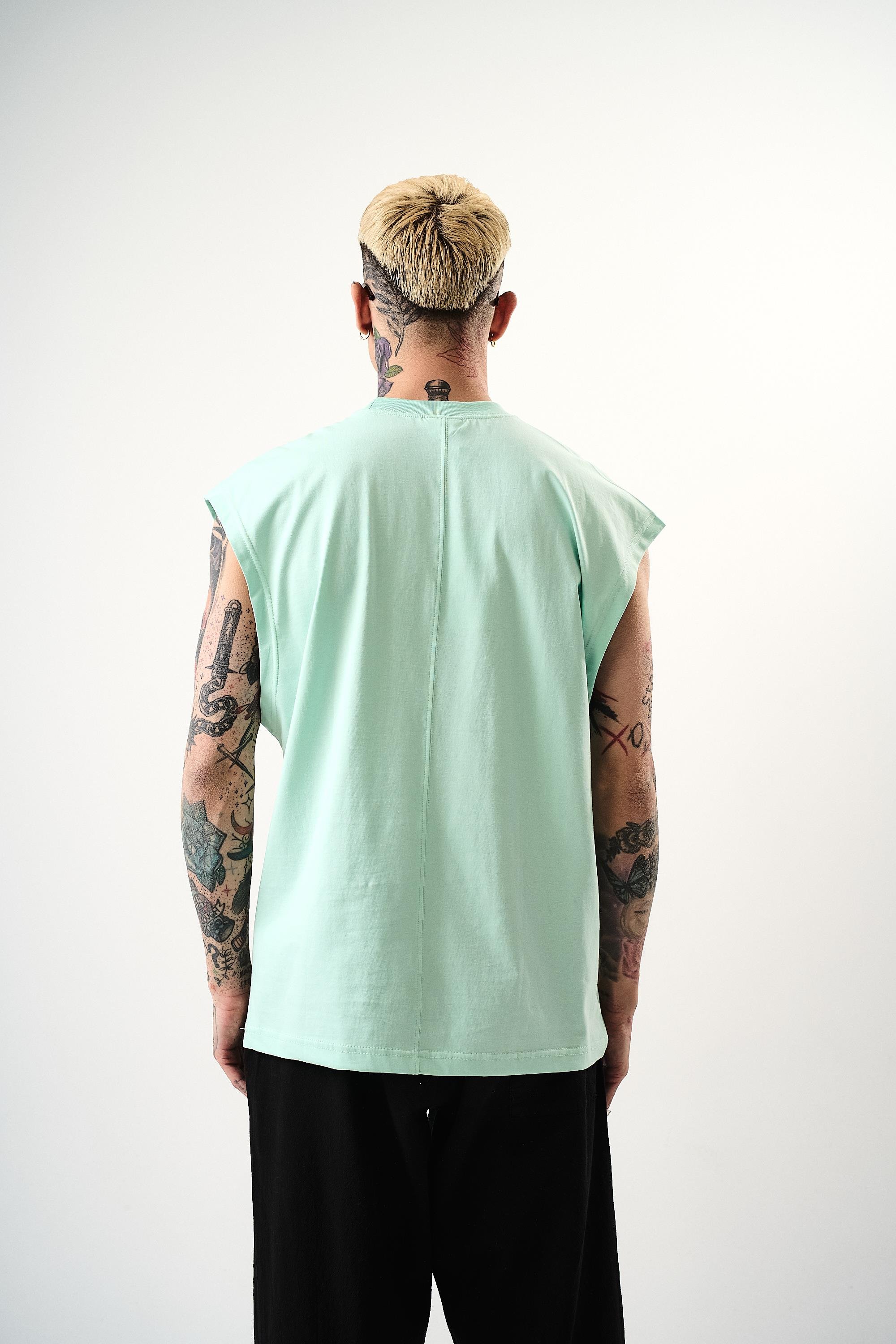 Erkek Basic Sıfır Kol Oversize T-Shirt Su Yeşili