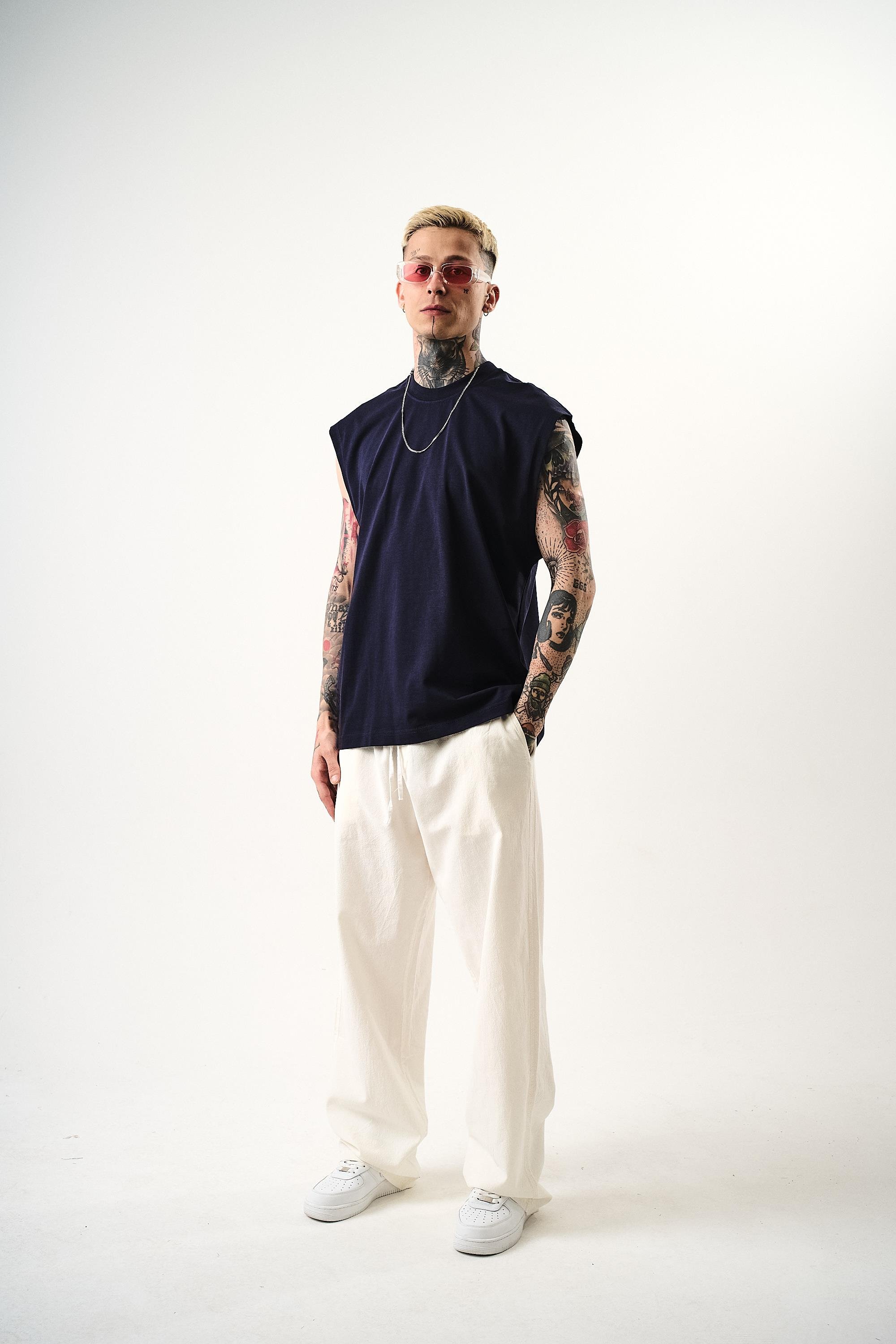 Erkek Basic Sıfır Kol Oversize T-Shirt İndigo