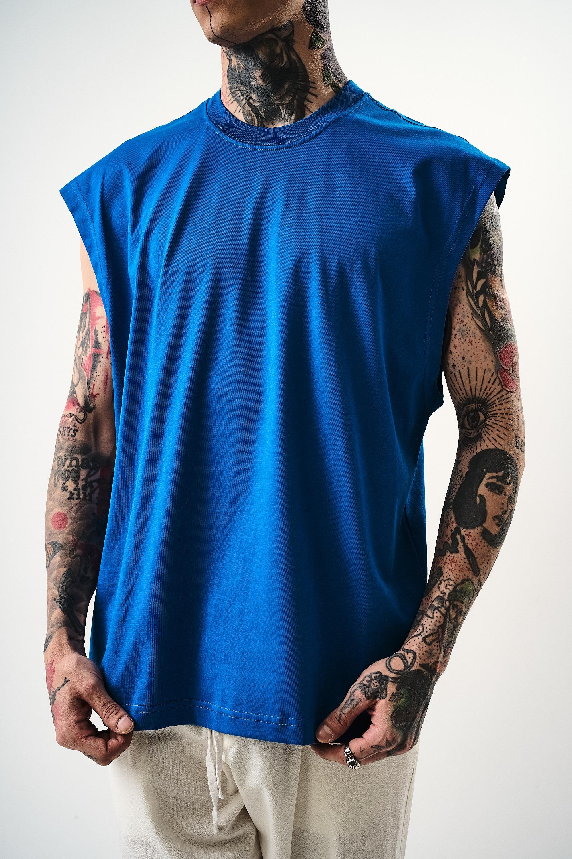 Erkek Basic Sıfır Kol Oversize T-Shirt Mavi