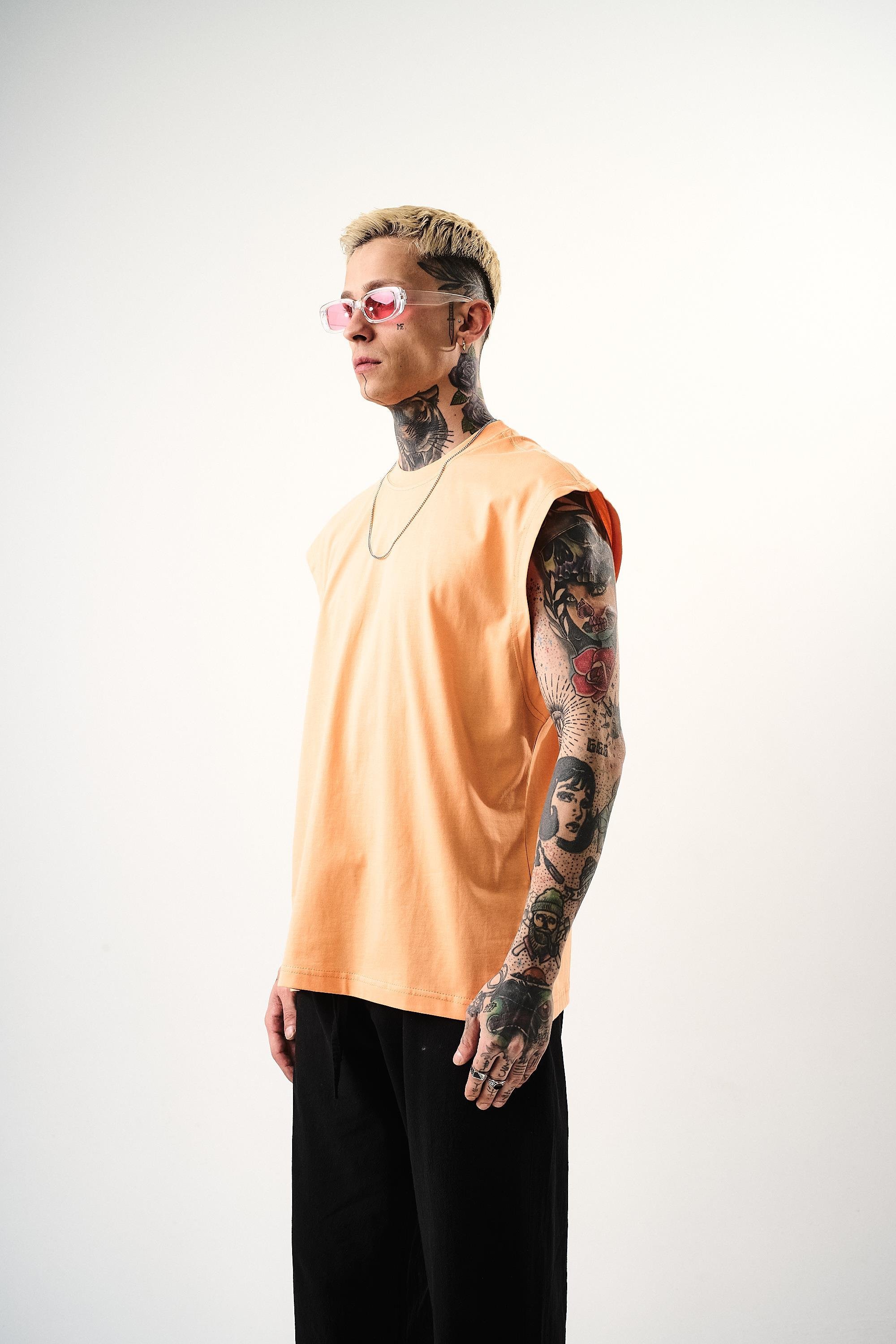 Erkek Basic Sıfır Kol Oversize T-Shirt Şeftali