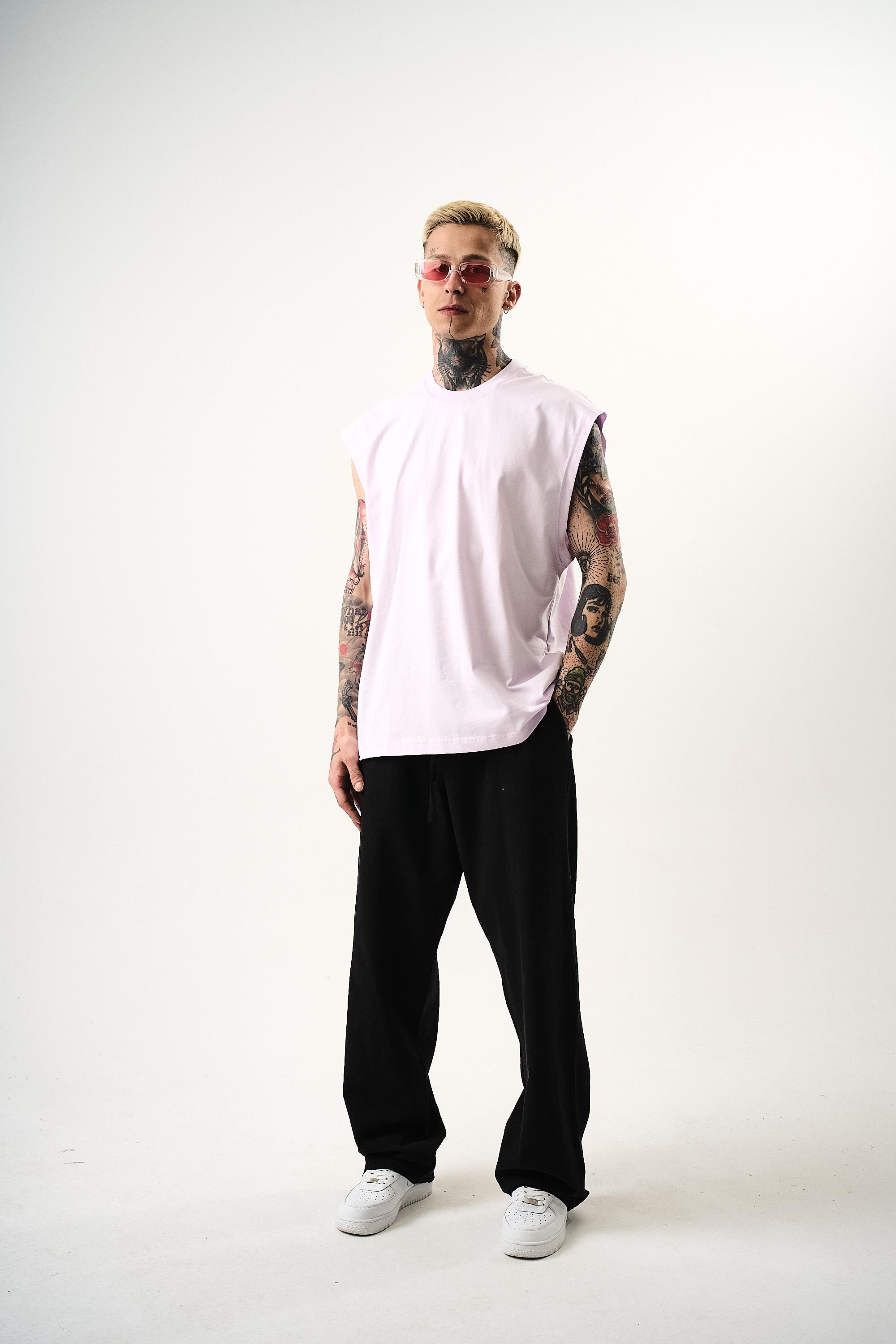 Erkek Basic Sıfır Kol Oversize T-Shirt Lila