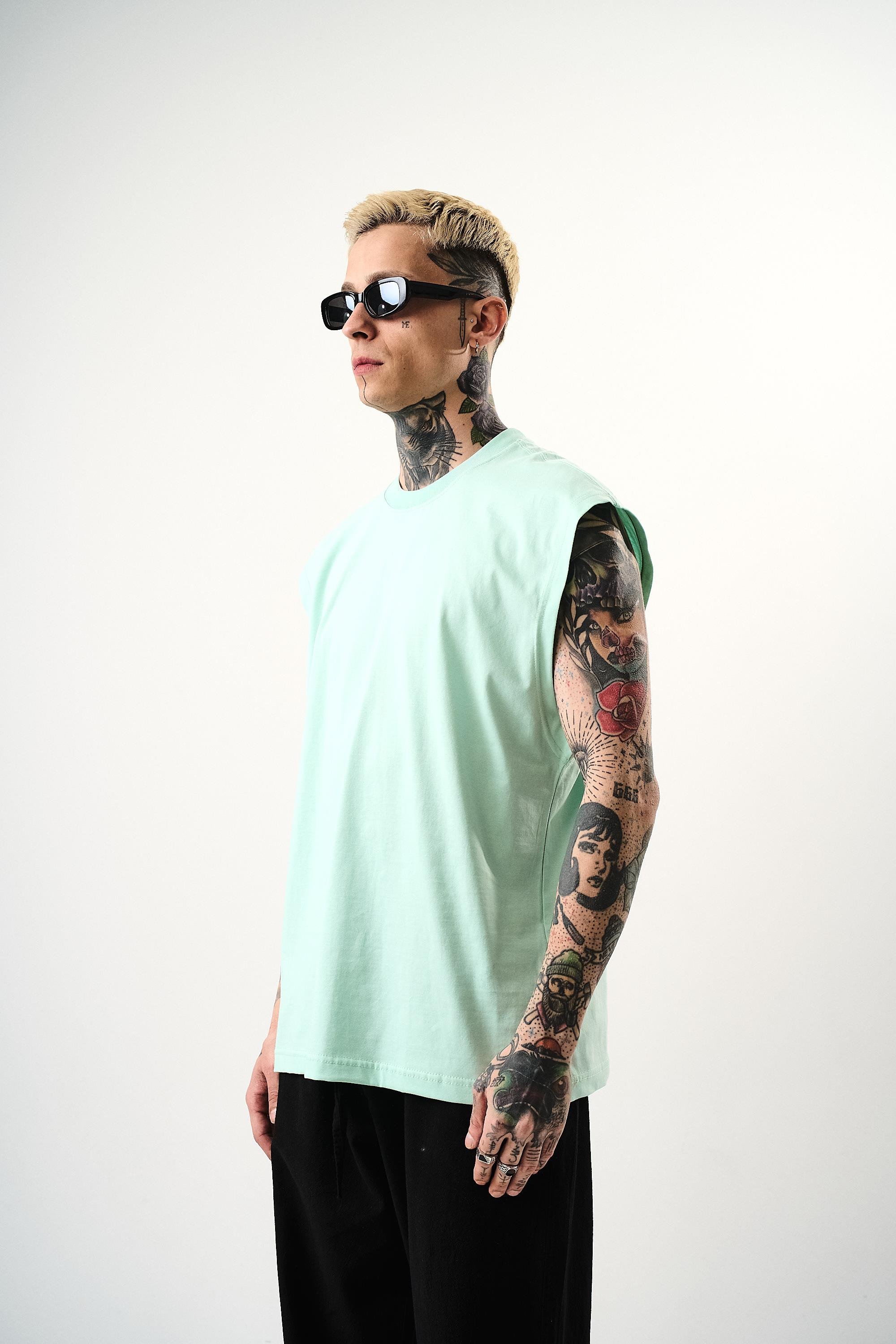 Erkek Basic Sıfır Kol Oversize T-Shirt Su Yeşili