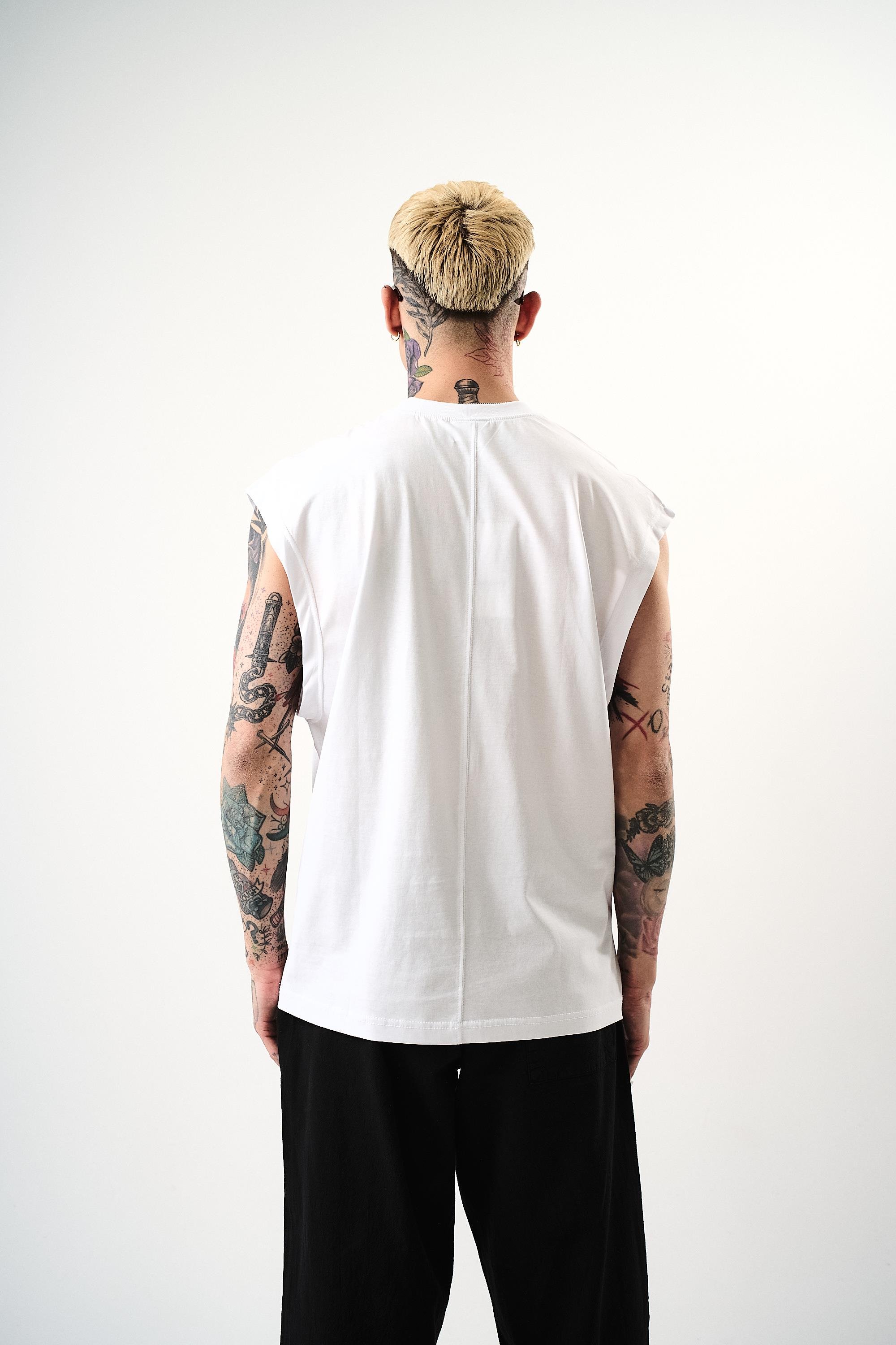Erkek Basic Sıfır Kol Oversize T-Shirt Beyaz