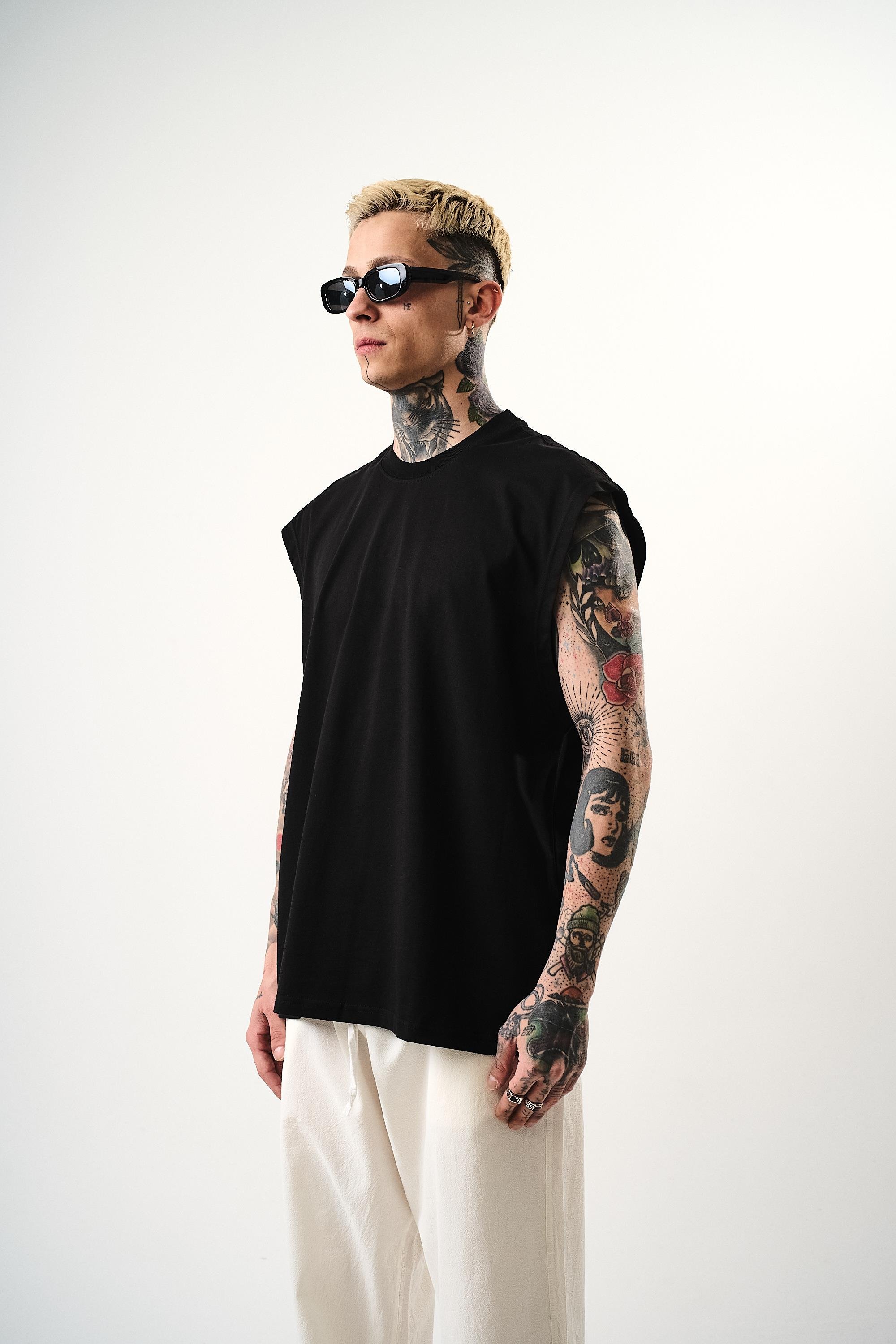 Erkek Basic Sıfır Kol Oversize T-Shirt Siyah