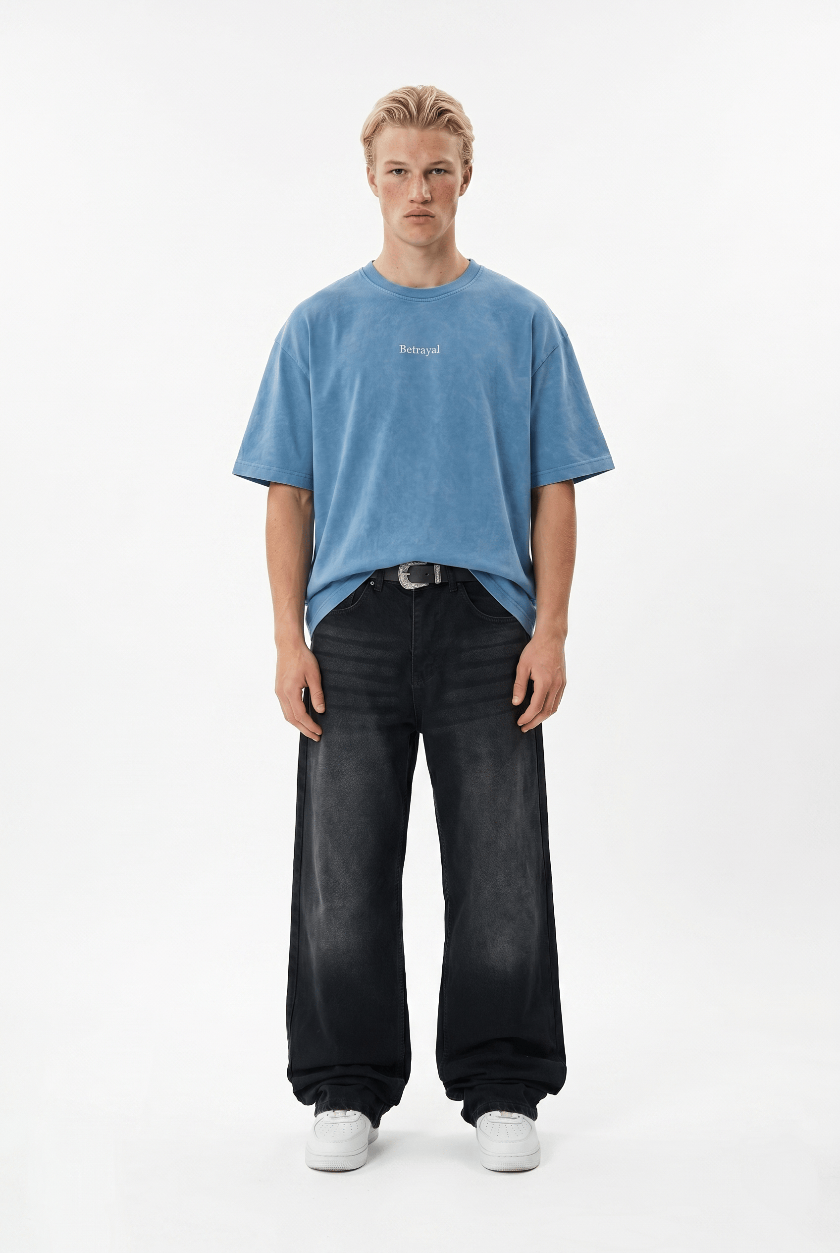 Erkek Betrayal Baskılı Yıkamalı Oversize T-Shirt Bebe Mavi