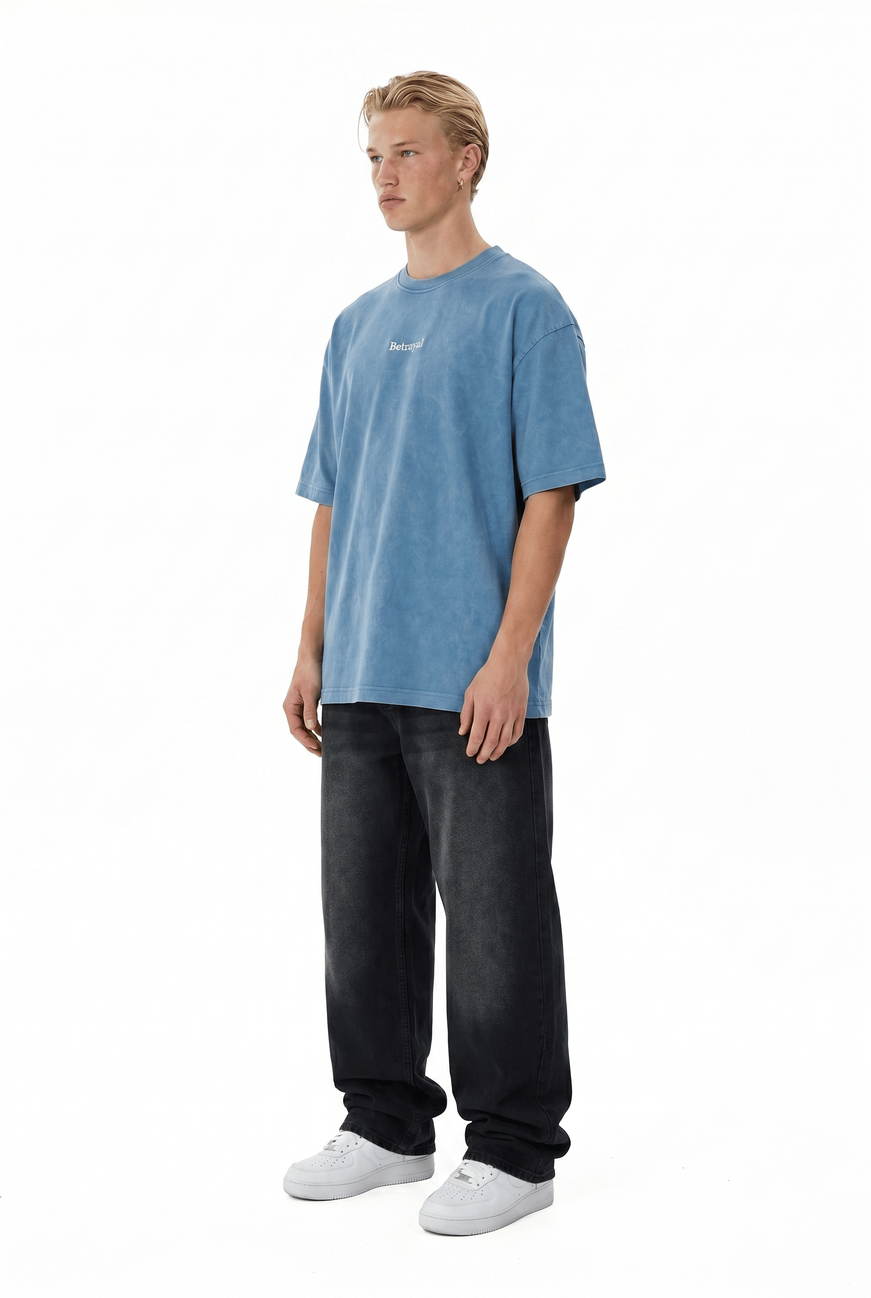 Erkek Betrayal Baskılı Yıkamalı Oversize T-Shirt Bebe Mavi
