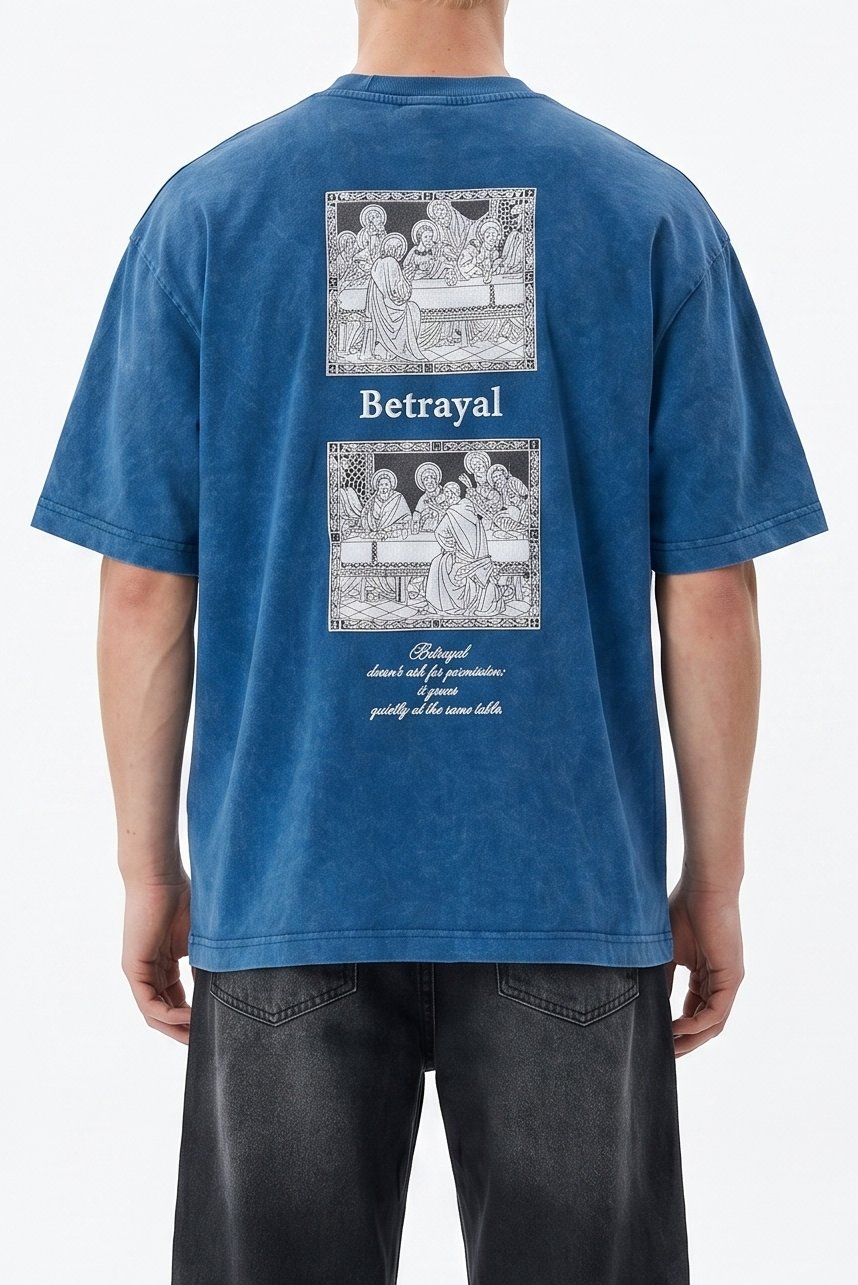 Erkek Betrayal Baskılı Yıkamalı Oversize T-Shirt Lacivert