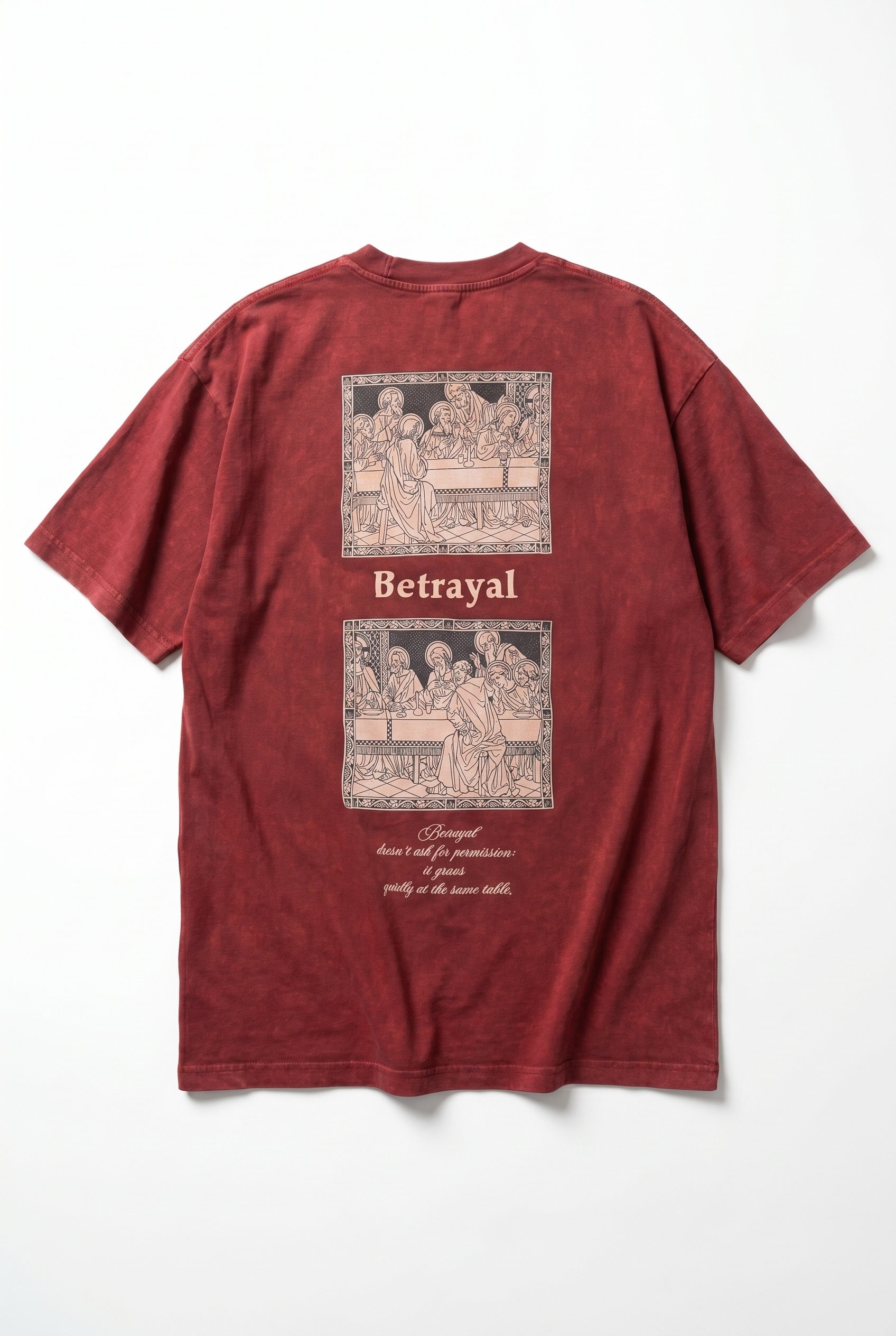 Erkek Betrayal Baskılı Yıkamalı Oversize T-Shirt Bordo