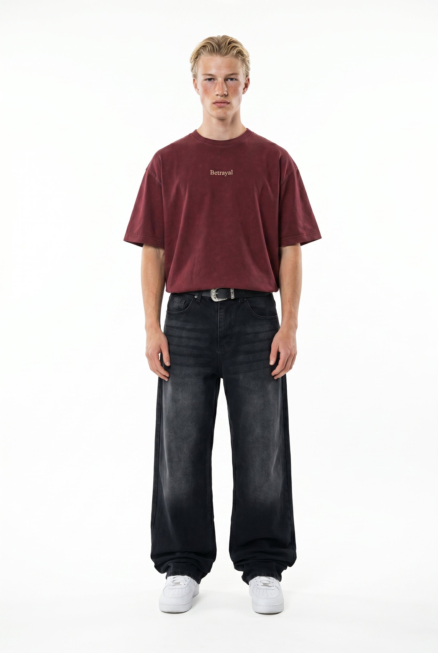 Erkek Betrayal Baskılı Yıkamalı Oversize T-Shirt Bordo