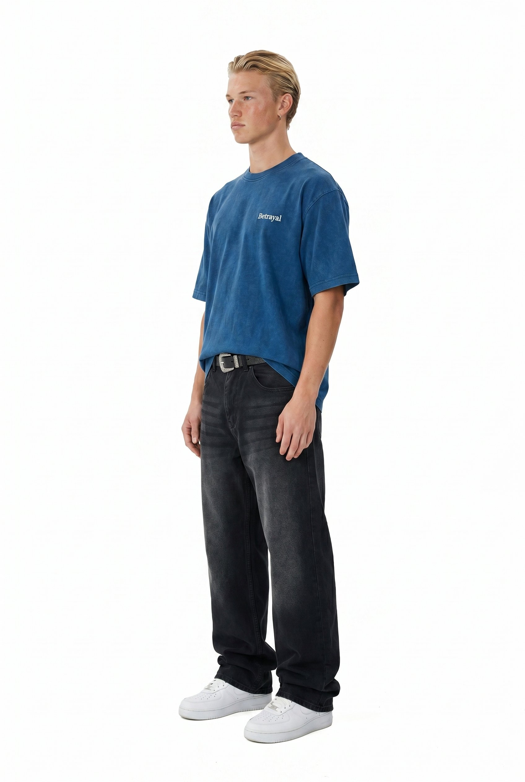 Erkek Betrayal Baskılı Yıkamalı Oversize T-Shirt Lacivert