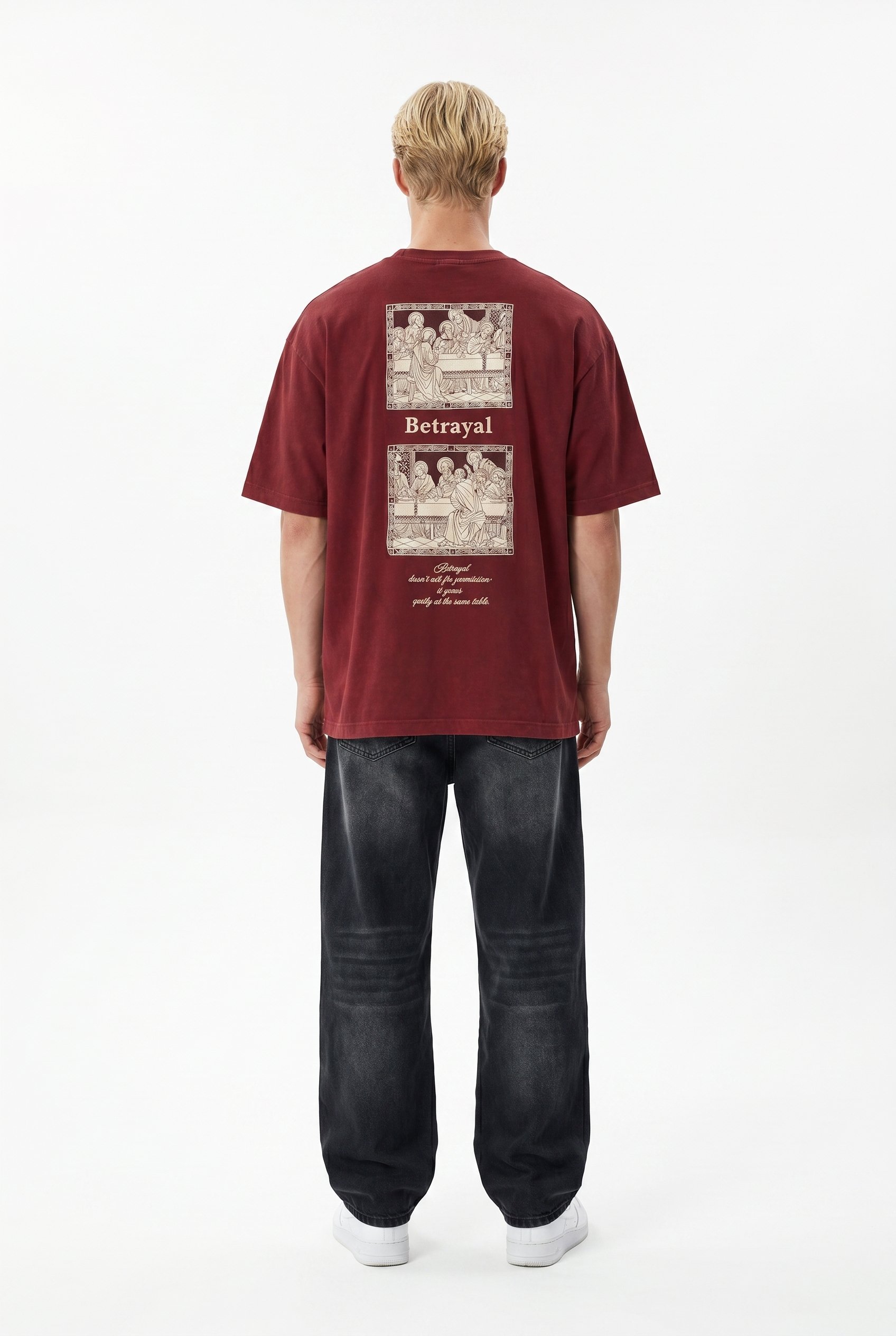 Erkek Betrayal Baskılı Yıkamalı Oversize T-Shirt Bordo