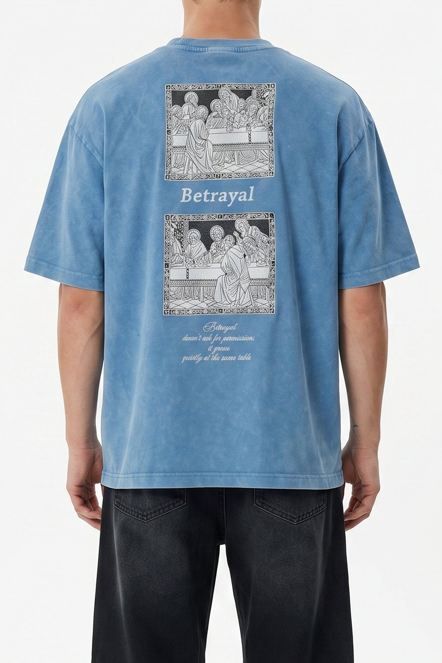 Erkek Betrayal Baskılı Yıkamalı Oversize T-Shirt Bebe Mavi