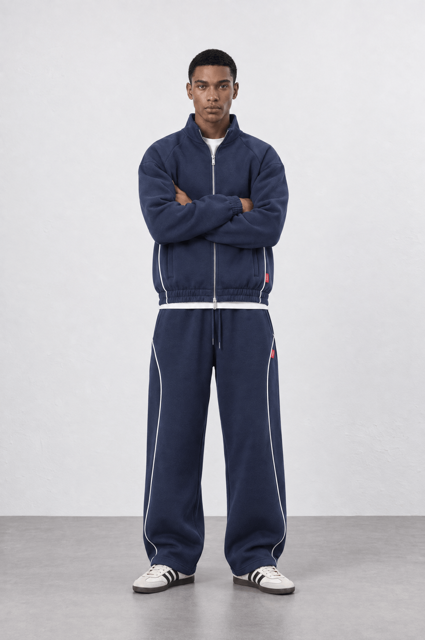 Erkek Biye Detaylı Panda Oversize Zip Lacivert