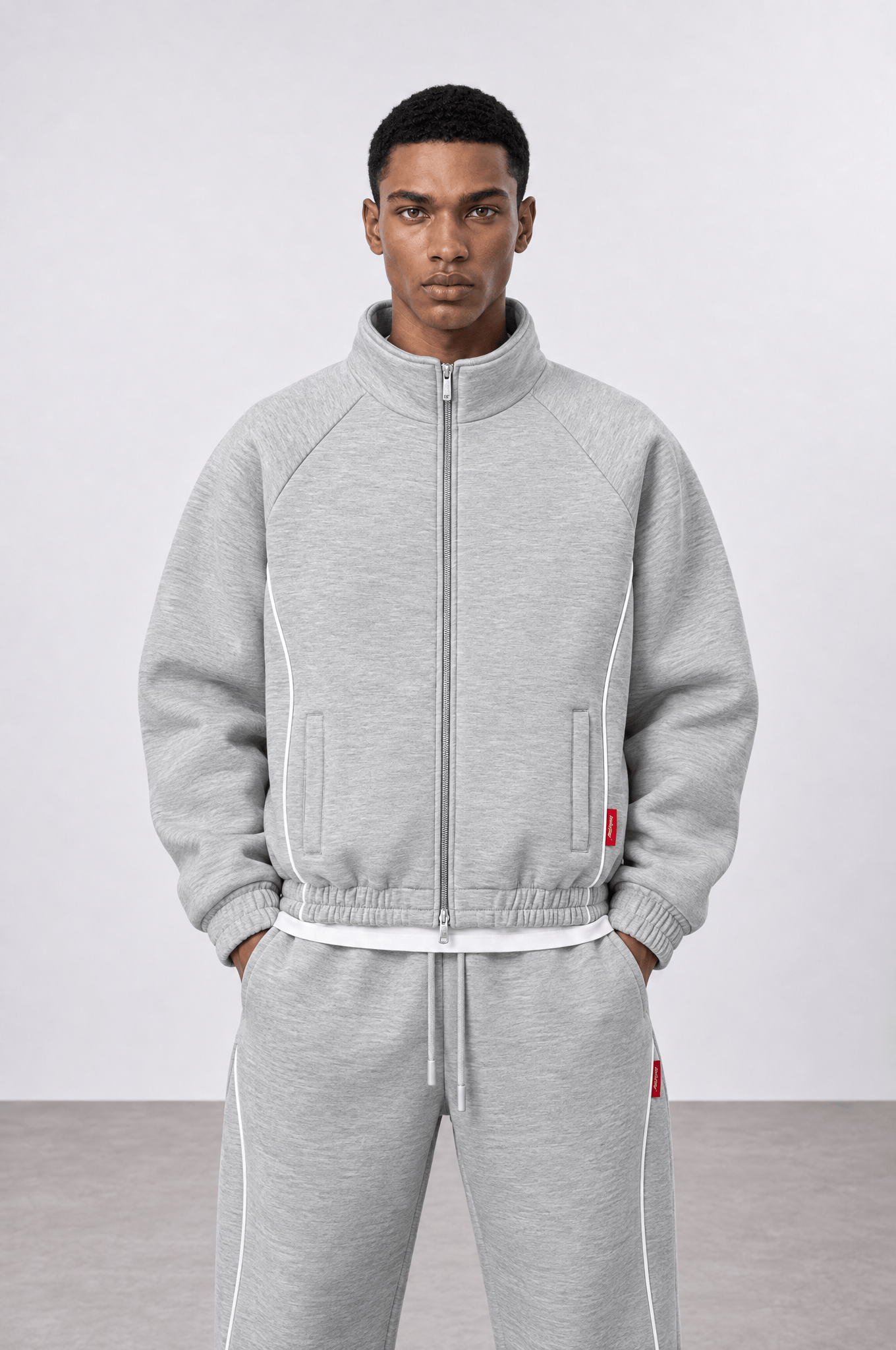 Erkek Biye Detaylı Panda Oversize Zip Gri Melanj
