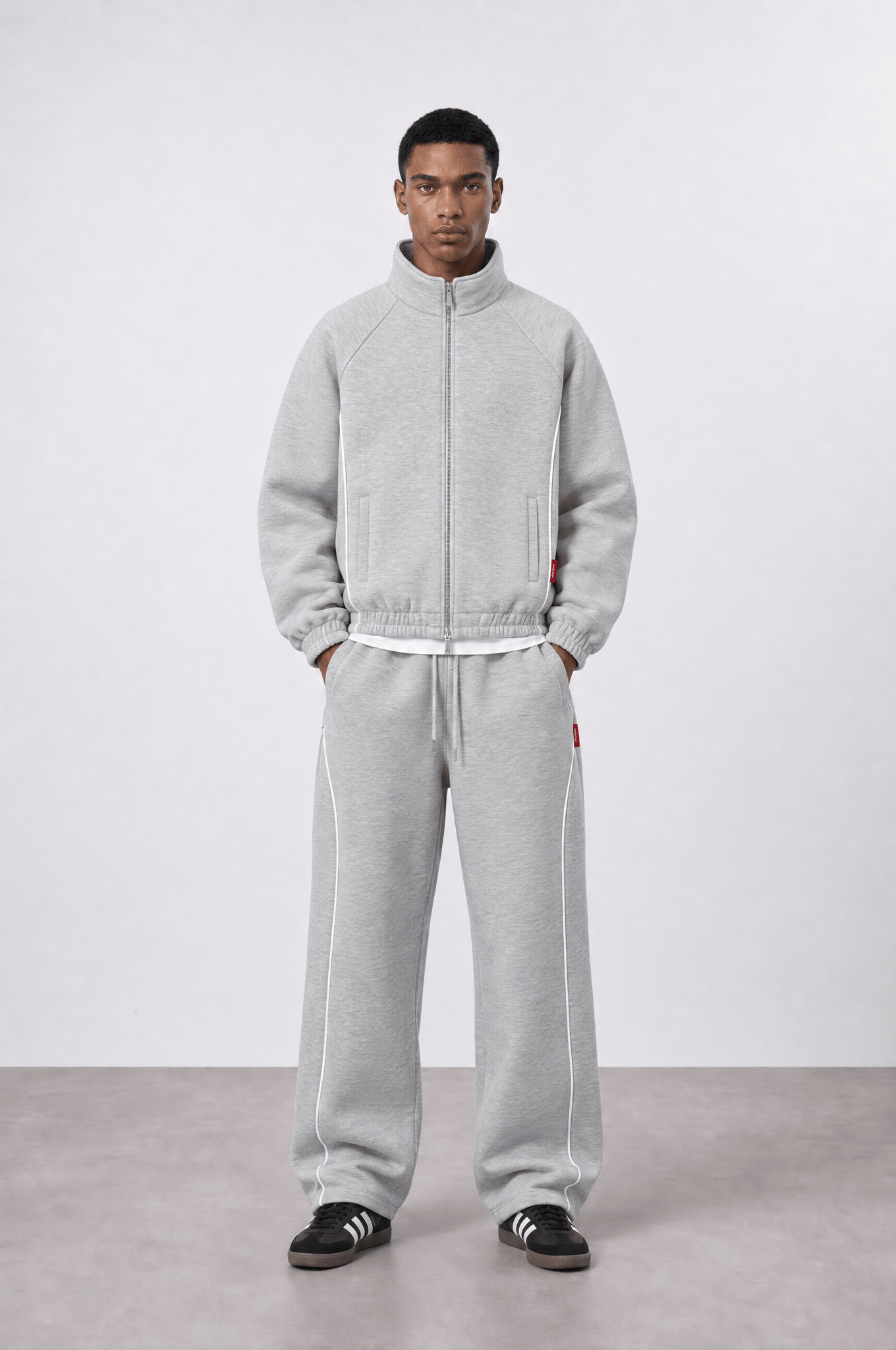 Erkek Biye Detaylı Panda Oversize Zip Gri Melanj