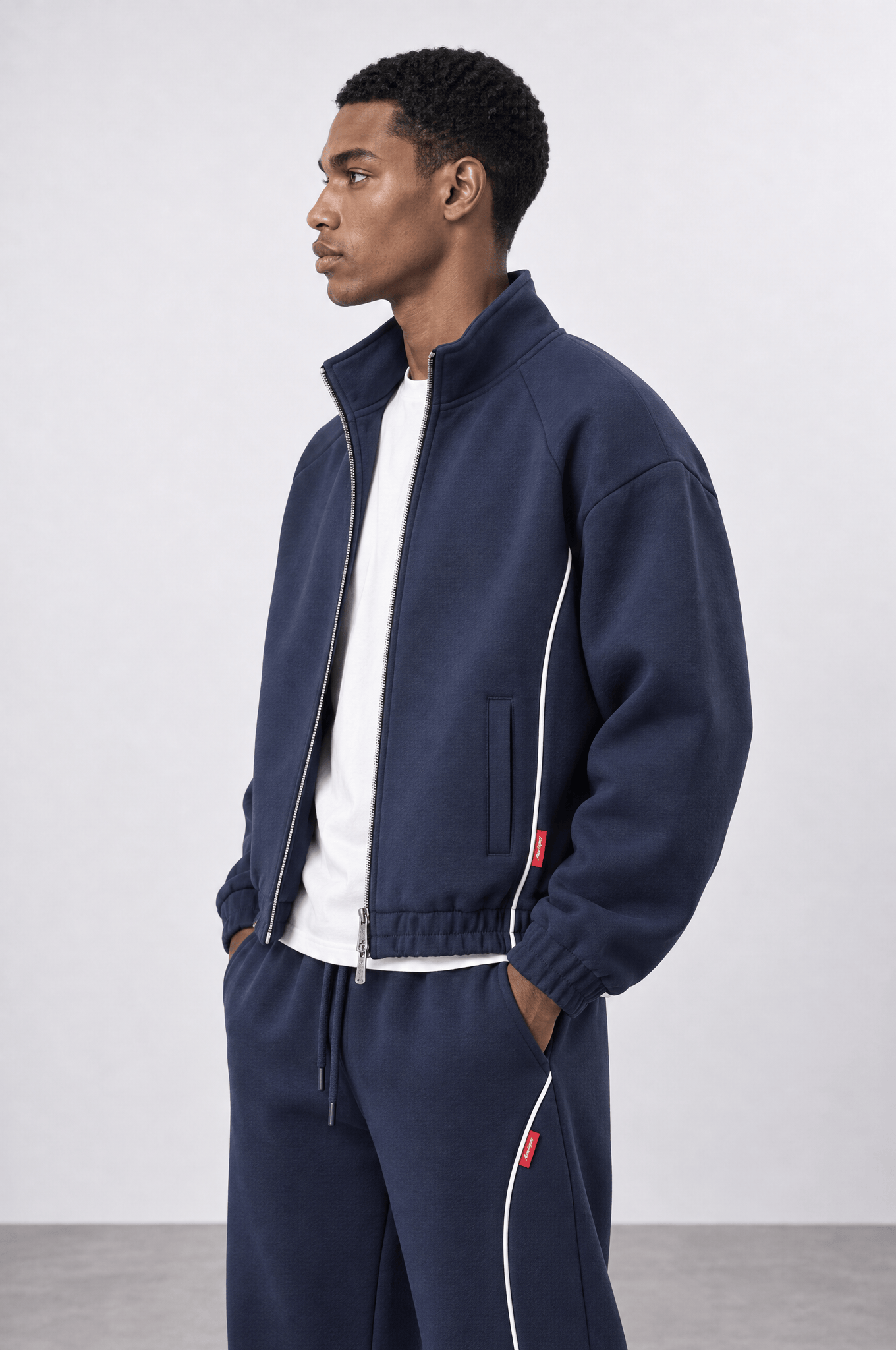 Erkek Biye Detaylı Panda Oversize Zip Lacivert