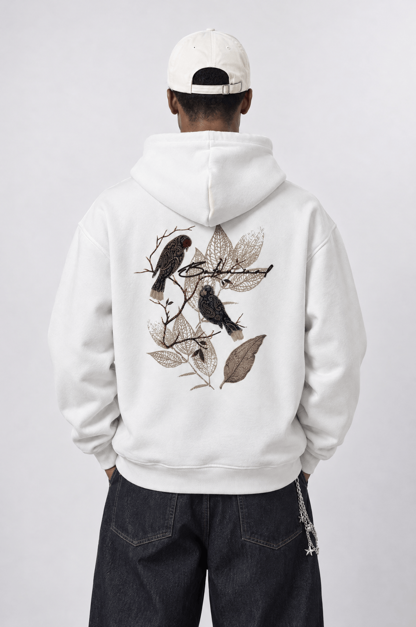 Erkek Botanical Patch Detaylı Oversize Hoodie Ekru